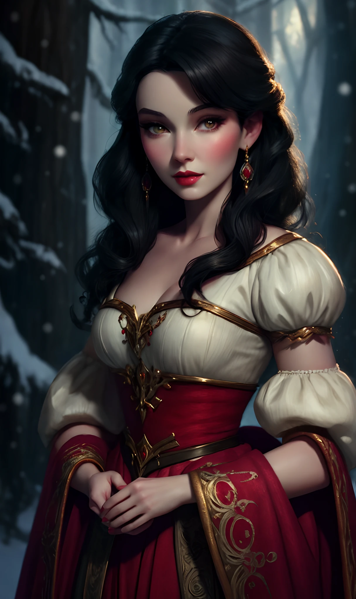 portrait of disney snow white, intricate, medium breast, elegant, highly detailed, my rendition, digital painting, artstation, concept art, smooth, sharp focus, illustration,