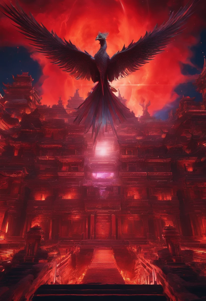 (A giant ancient city suspended in the air:1.5),Chinese cityscape with full moon, Movie dystopia、, Beautiful rendering of the Tang Dynasty, red sun over paradise, Epic red , Glowing castle in the distance, Cyberpunk ancient city, luminescent matte painting, asian sun, Big Red Sun, legend of korra setting, Fantastic futuristic city,fenghuang,(Flying Phoenix:1.5),chinesedragon,Dutch Golden Age painting, Fuji colors, Sparkle, Blurry, fading border, round corners, partial underwater shot, Masterpiece, Award-Awarded, A high resolution, 1080p, 8K,in a red dream world, A beautiful artwork illustration, There is a red poster,topmost(The castle is suspended in space:1.5),There are pictures of pagodas and flowers