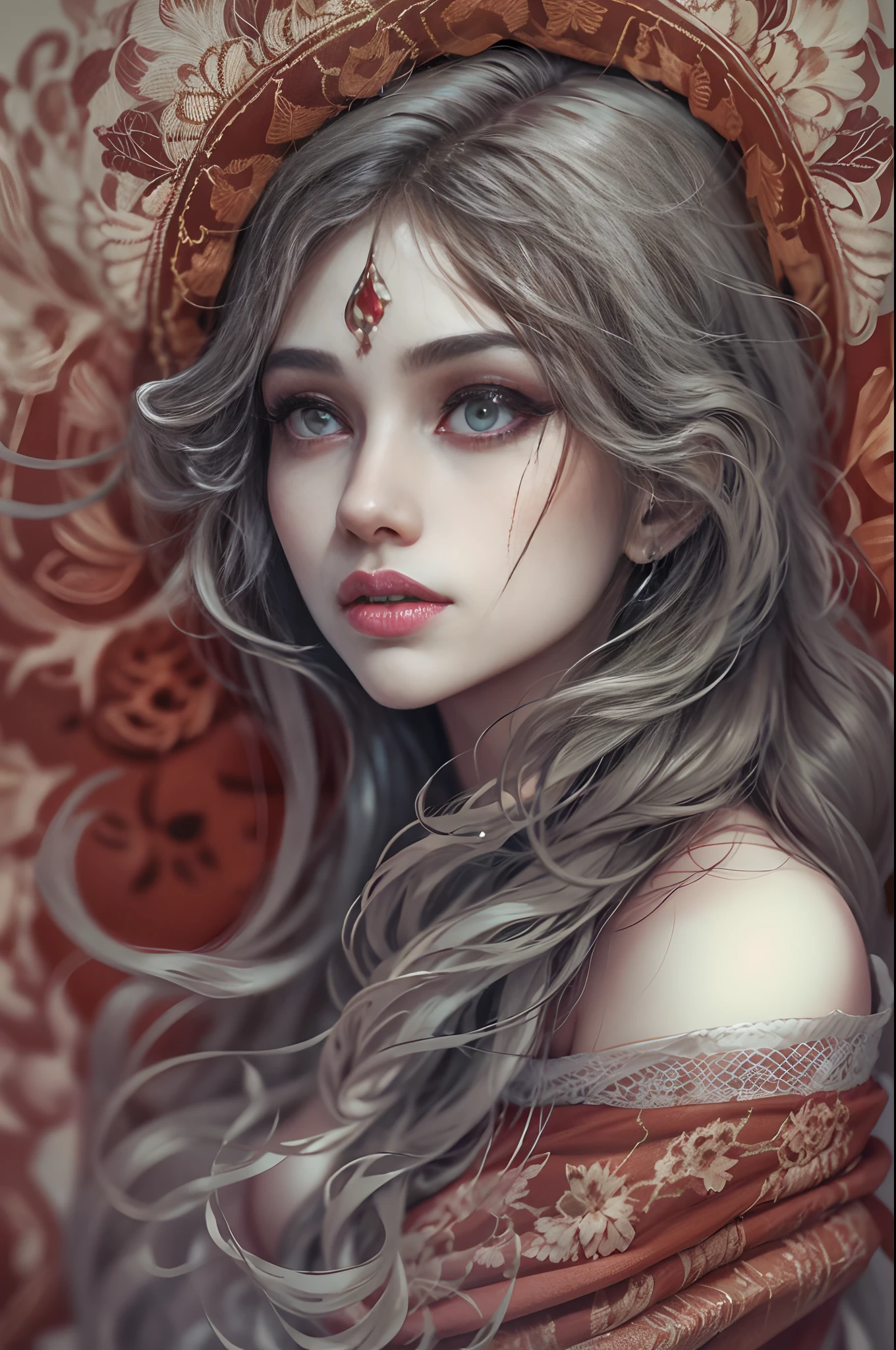 Different mood indian with large eyes woman with very long hair, showing clevage, clutched in deep red towel, wide angle in a silver vintage garden, perfect anatomy, illustrative, painterly, detailed, UHD drawing, pen and ink, perfect composition, beautiful detailed intricate insanely detailed octane render trending on artstation, 8k artistic photography, photorealistic concept art, soft natural