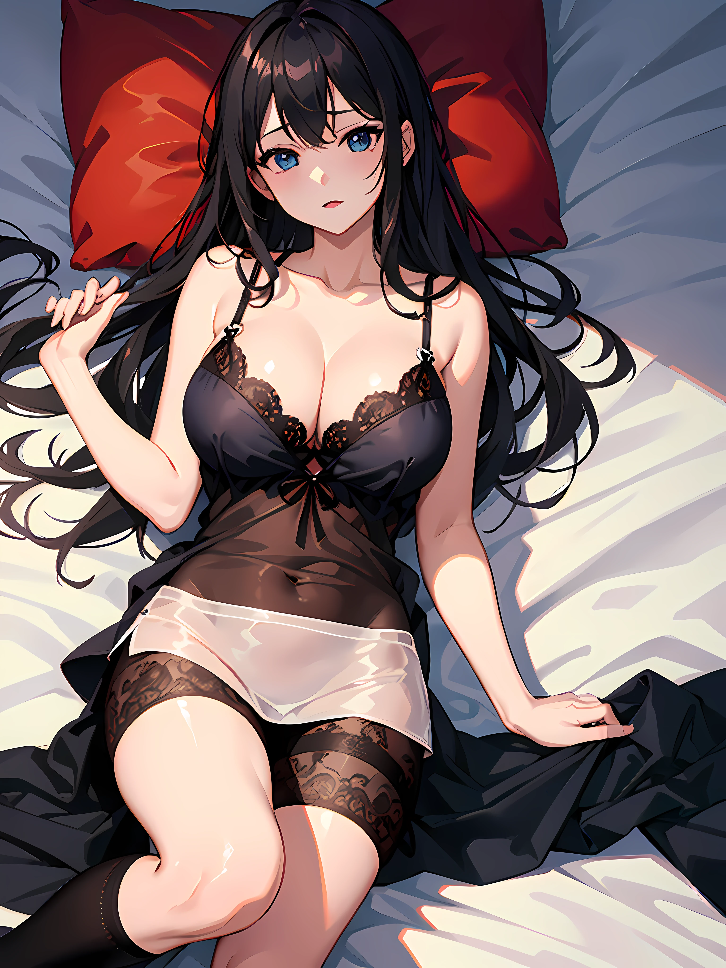 High quality, laying on bed, showing cleavage, beautiful face, smooth skin, sexy thighs, see through t shirt, modernia from nikke
