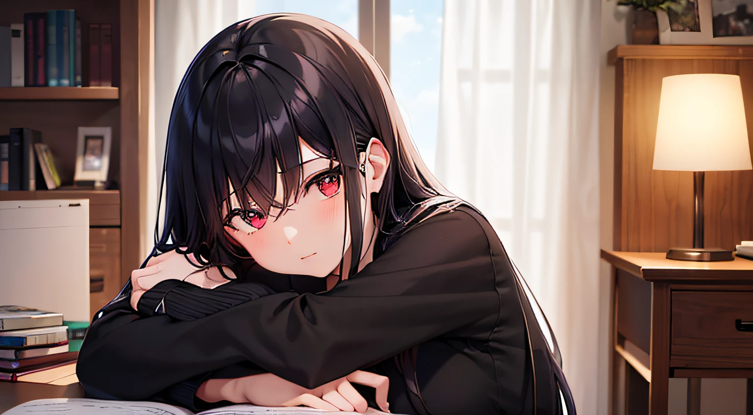 girl studying in her cozy, well-lit bedroom. The girl has long, flowing black-colored hair and is dressed in a casual shirt with black shorts  and red ruby like eyes. She sits at a clutter-free desk, covered with textbooks and study materials, and her appearance reflects a diligent, studious demeanor while she listens to music
