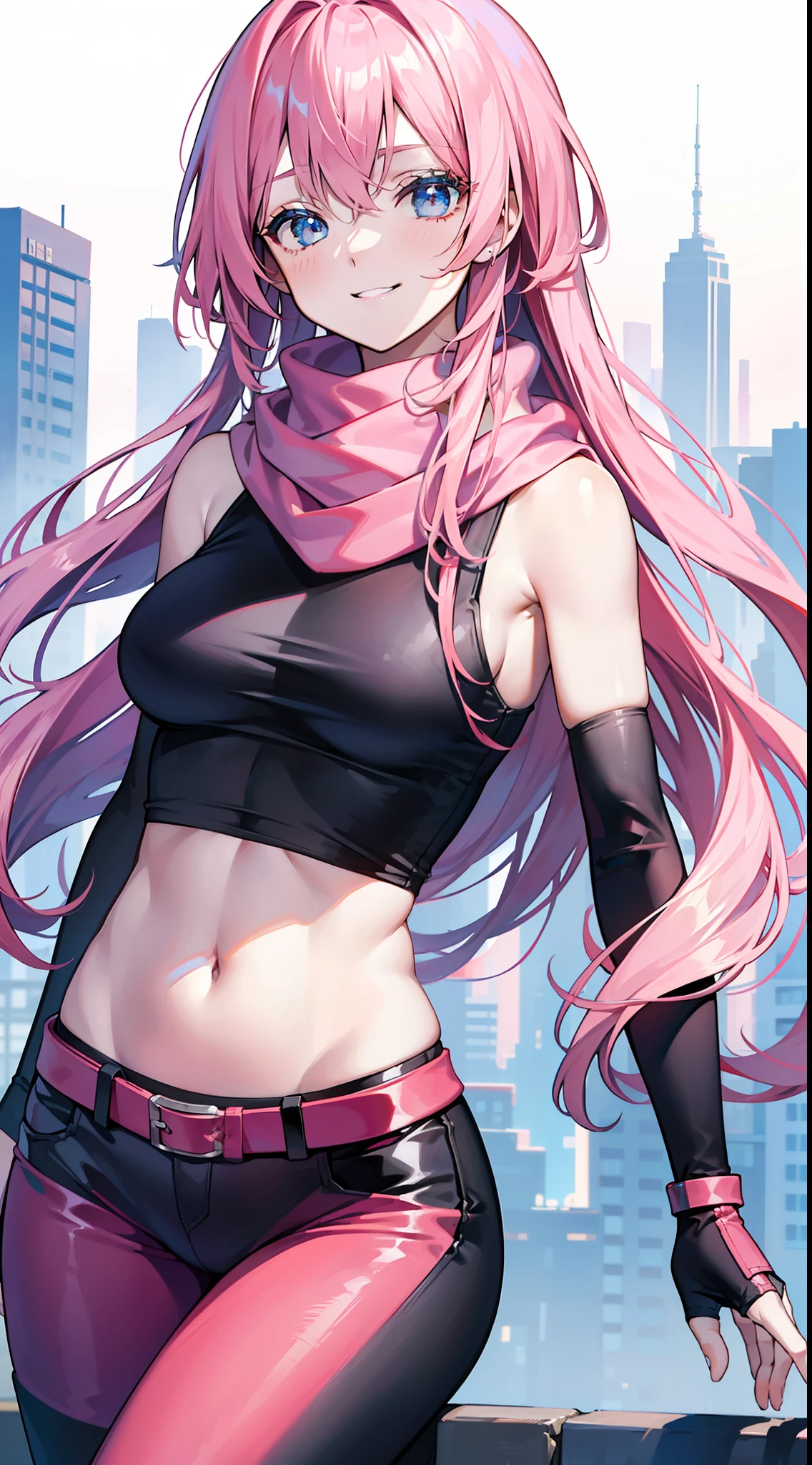 young girl, long pink hair, Layered hairstyle, blue eyes, smirk, Black tight top, red tight pants, open belly, Sleeveless, a scarf, Masterpiece, hiquality, 4k, HD, Good detail