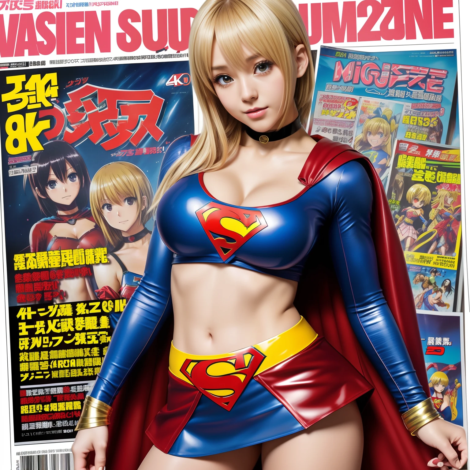 (Best Quality,4K,8K,hight resolution,masutepiece:1.2),Ultra-detailed,Realistic:1.37,Super masterpiece,Short-haired Supergirl、large full breasts、Looking at the camera、Glossy costume、a choker、Too short miniskirt、Magazine covers、Comic magazines、Shonen Magazine
