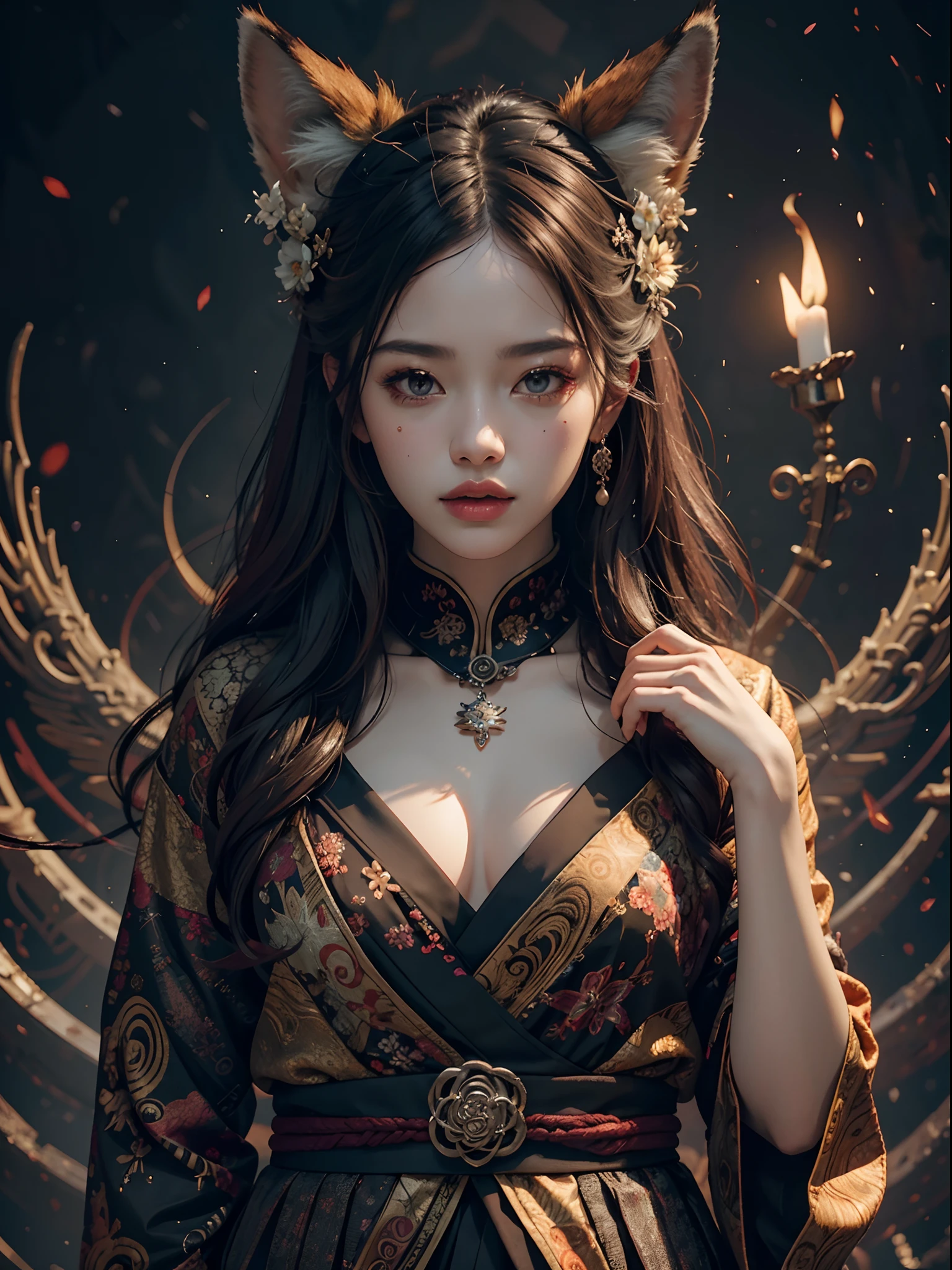 1girls, bara, official art, Unity 8k壁纸, ultra-detail, beautiful and beautiful, masterpiece, bestquality, photorealistic portrait, (abstract background:1.5) (Zentangle, Mandala, tangle, Entangle:0.7) Kitsune Witch, fox mask, Haori Jacket, Foxfire Spells, Familiar fox, transformation, Depth of Field, Amazing atmosphere....., most beautiful form of chaos, Elegant, Dark theme designed by Brutalist, Flower of the Dead, ecstasy of flower