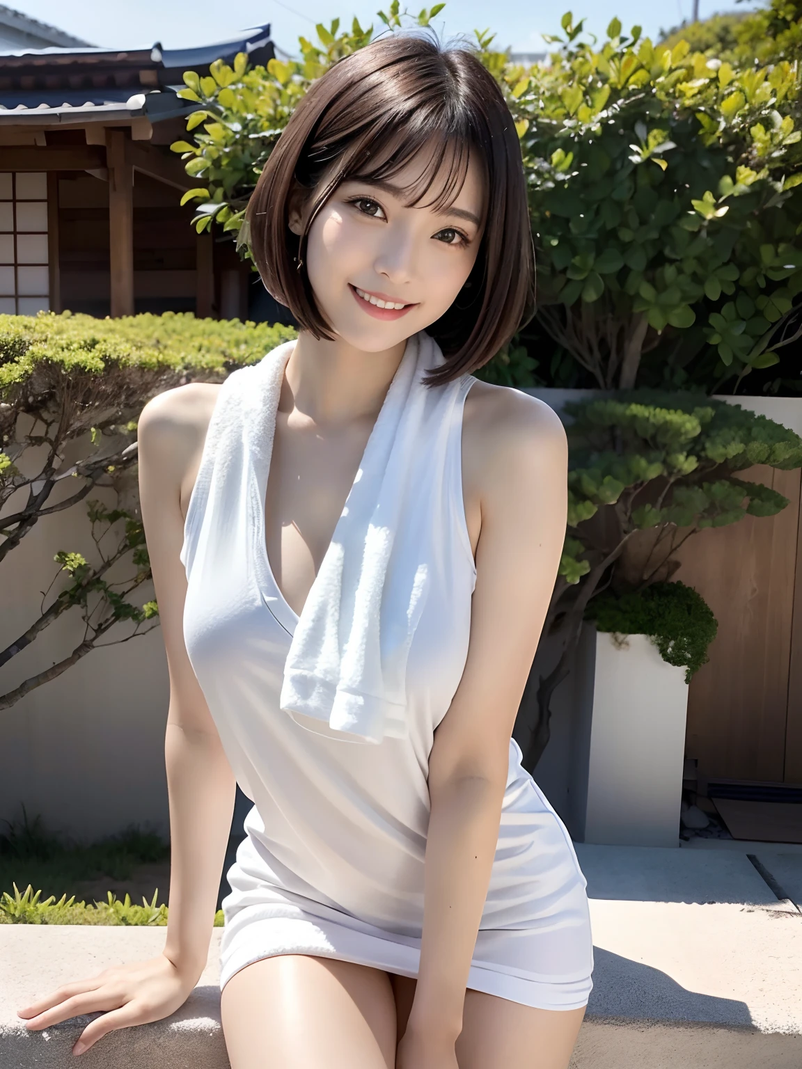 (4K、top-quality)、(realisitic、Photorealsitic)、1girl in、独奏、Beautiful athletes、Holding a towel、Best Body Styles、A slender、(face to the viewer)、outside of house、135 mm、SLR、The best smile、Sunshine、(Medium bob cut hair),japanes、Extraordinary beauty、Adult beauty、25-years old、女優、hposing Gravure Idol,Above the knee