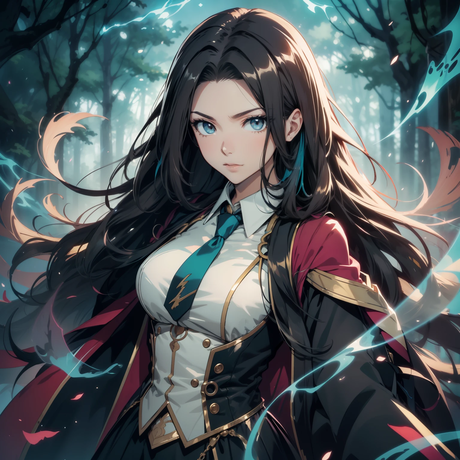 (Ultra-detailed, Perfect pixels, High salaried class, Best quality), 20 years old anime girl, Smooth anime art style, long raven hair, slightly wavy hair, Parted bangs, Black hair, Gradient hair color, Magus, ((teal eyes)), Detailed eyes, Beautiful eyes, Long black coat, White shirt, ((neckwear, long necktie)), Black skirt, nobles, noble attire, Beautiful, Ethereal, elegant, Prestigious, dark forest background, Particle effect, smoke effect, 火焰, Lightning, Magic light, standing, view the viewer