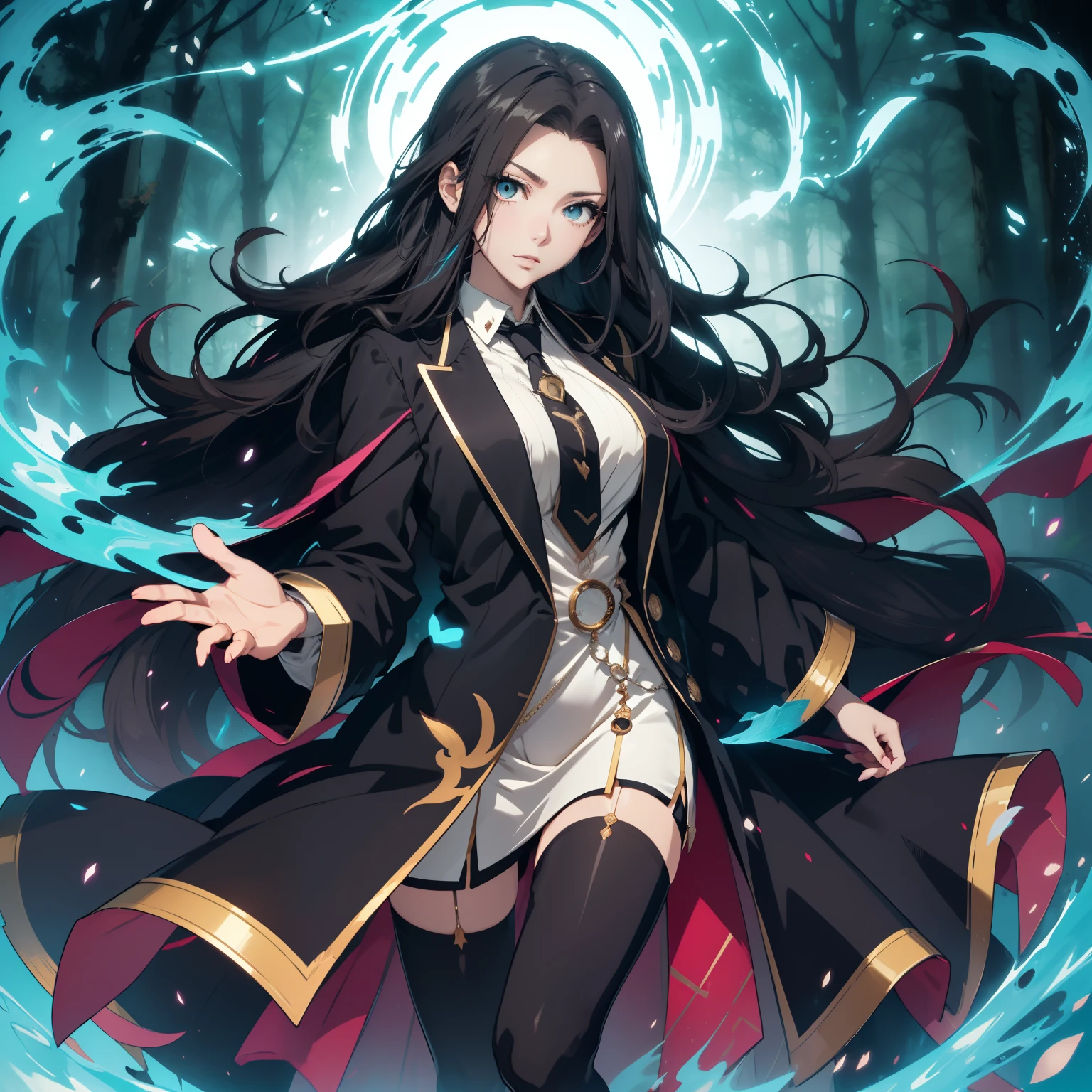 (Ultra-detailed, Perfect pixels, High salaried class, Best quality), 20 years old anime girl, Smooth anime art style, long raven hair, slightly wavy hair, Parted bangs, Black hair, Gradient hair color, Magus, ((teal eyes)), Detailed eyes, Beautiful eyes, Long black coat, White shirt, ((neckwear, long necktie)), Black skirt, nobles, noble attire, Beautiful, Ethereal, elegant, Prestigious, dark forest background, Particle effect, smoke effect, 火焰, Lightning, Magic light, standing, view the viewer