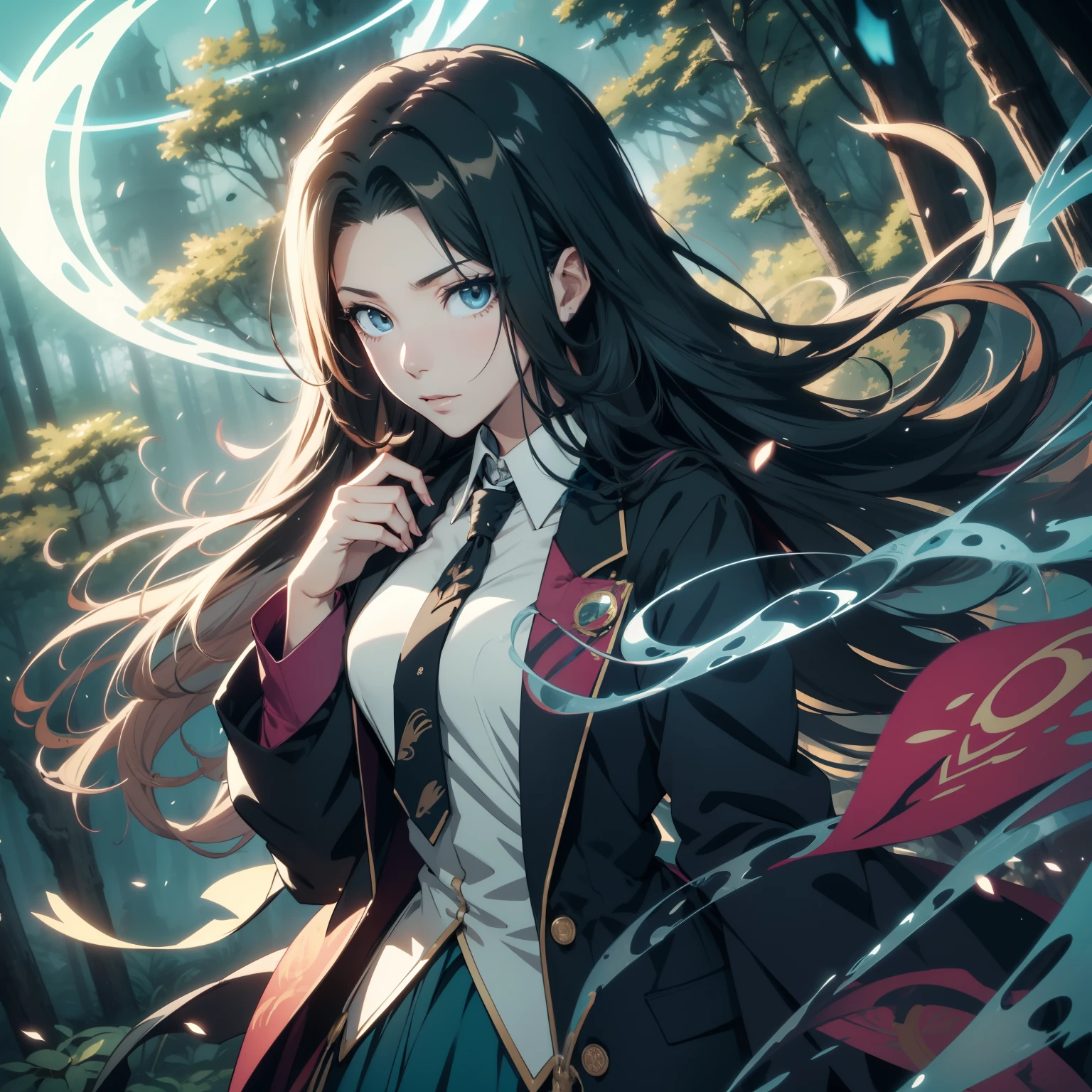 (Ultra-detailed, Perfect pixels, High salaried class, Best quality), 20 years old anime girl, Smooth anime art style, long raven hair, slightly wavy hair, Parted bangs, Black hair, Gradient hair color, Magus, ((teal eyes)), Detailed eyes, Beautiful eyes, Long black coat, White shirt, ((neckwear, long necktie)), Black skirt, nobles, noble attire, Beautiful, Ethereal, elegant, Prestigious, dark forest background, Particle effect, smoke effect, 火焰, Lightning, Magic light, standing, view the viewer