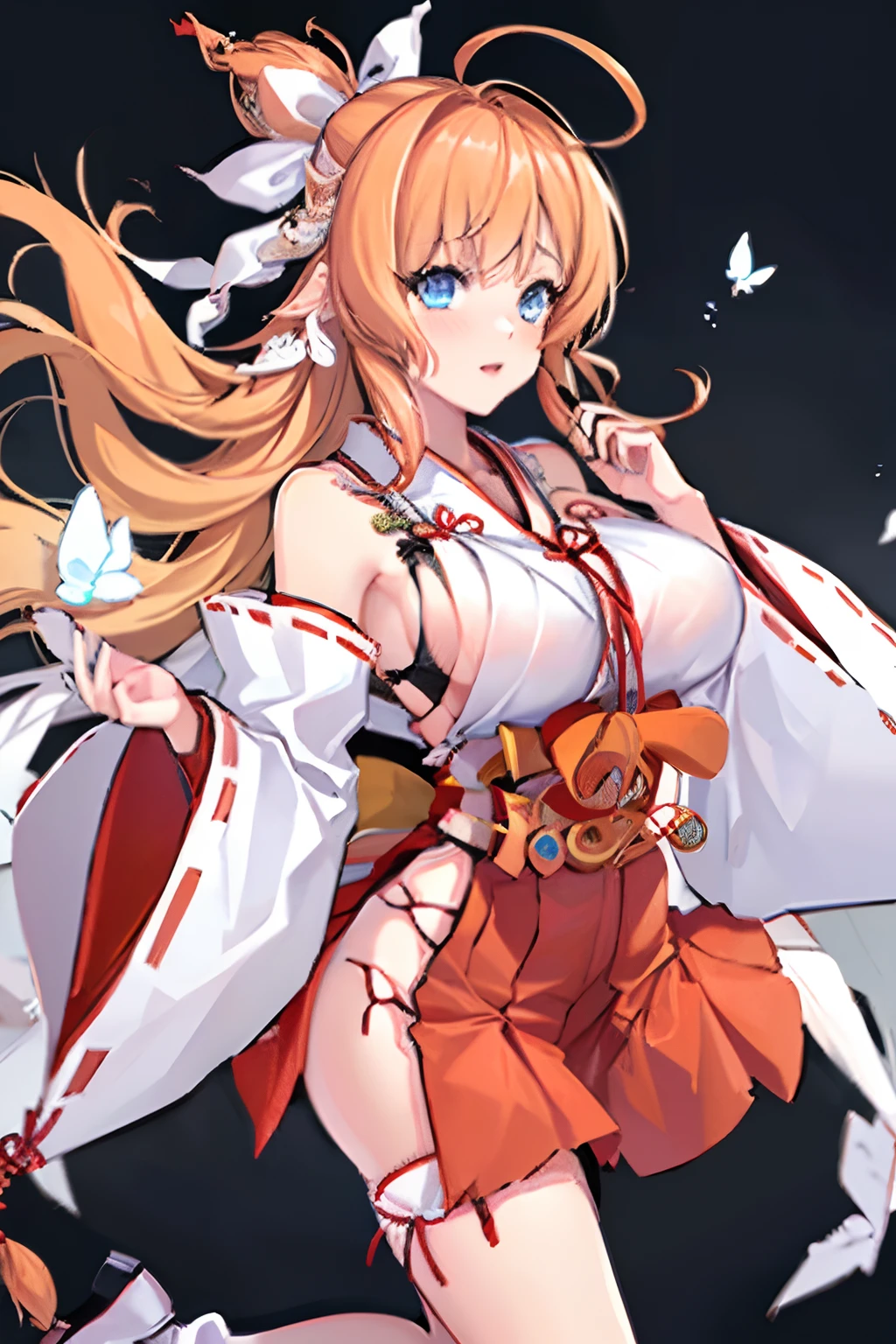 masterpiece, best quality, 1girl,(solo:1.3),standing,looking at viewer, (close up),
AiharaMai,1girl,long hair,orange hair,blue eyes,(huge breasts:1.3),miko,kimono,detached sleeves, (red hakama skirt),white pantyhose,ahoge,white butterfly hair ornament, hair intake,
simple background,