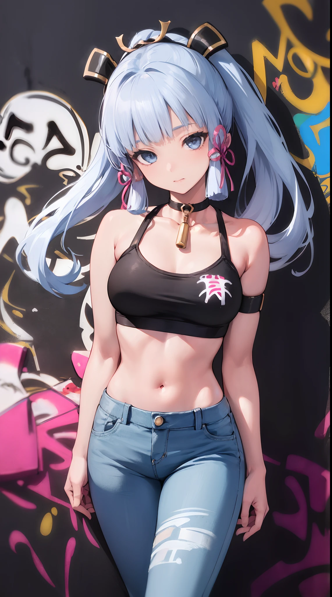 kamisato ayaka|genshin impact, master-piece, bestquality, 1girls,25 years old, proportional body, elongated legs, Beautiful, proportional., crop top, Long Jeans, mediuml breasts, ,bara, crop top, choker, (Graffiti:1.5), Splash with purple lightning pattern., arm behind back, against wall, View viewers from the front., Thigh strap, Head tilt, bored,(NSTDA.:1.2), (10, beste-Qualit, master-piece: 1.4), Beautiful red hair, ultra-high resolution, (lifelike, photorealistic portrait: 1.48), 20 age, Cute Girl, (Looking Through Crop Tops.), Famous Japanese actors, beautiful clear eyes, Head tilt, cowboy shot, from the front, looking at the audience, expressionless, Beautiful lake, Zeiss 150mm F/ 2.8 Hasselblad, Whole body, foot, Ultra-Wide Angle,