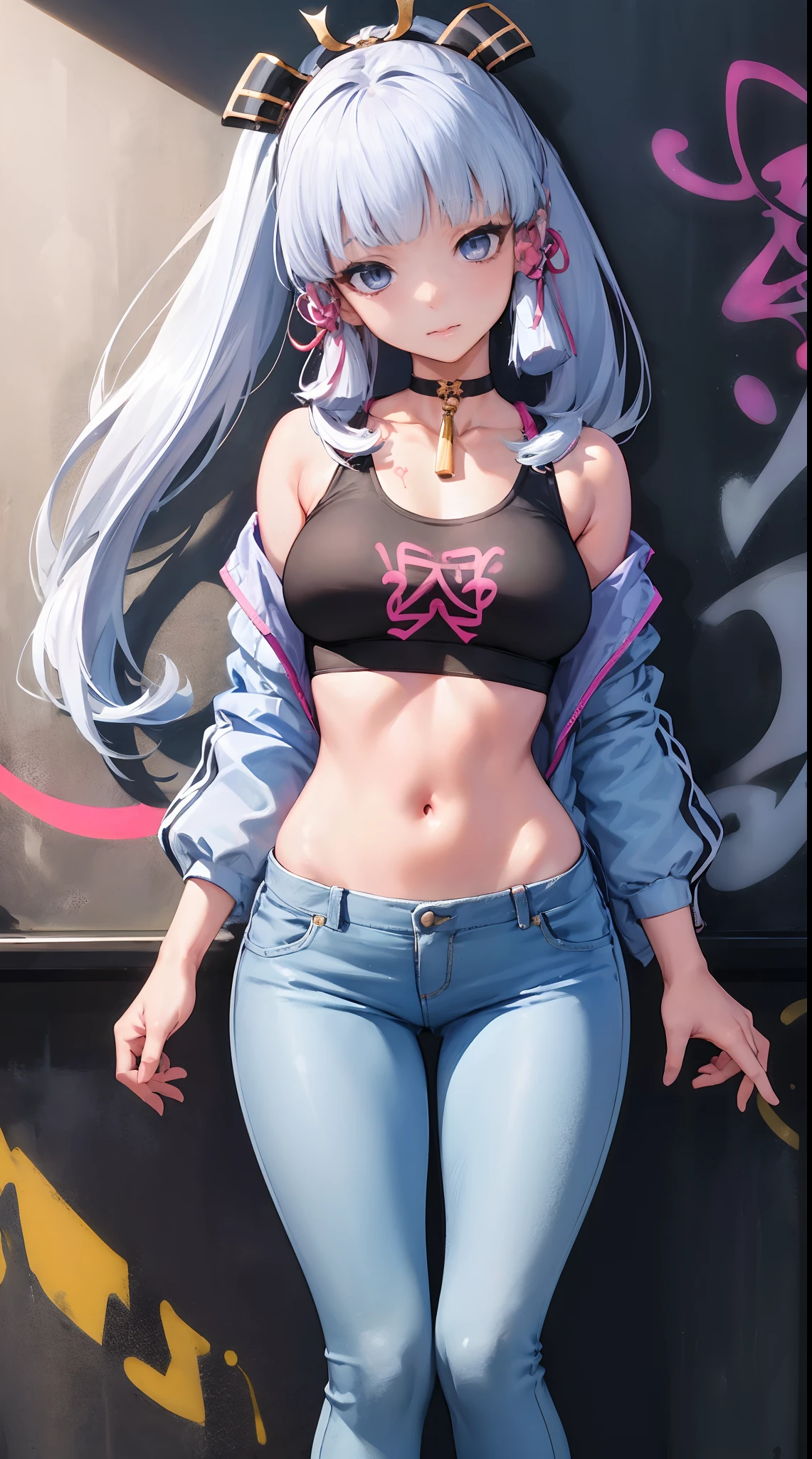 Harley Quinn, twin-tailed hair, blue eyess, a navel, Look at viewers, put hands behind back, Black jacket, Dolphin Shorts, sexy, (white shirt:1.2), wet see through shirt, wide waist, busty, thick thighs, Harley Quinn inspired makeup,
underboob showing, able to see nipples through clothes,
big\(BodyProportions\),