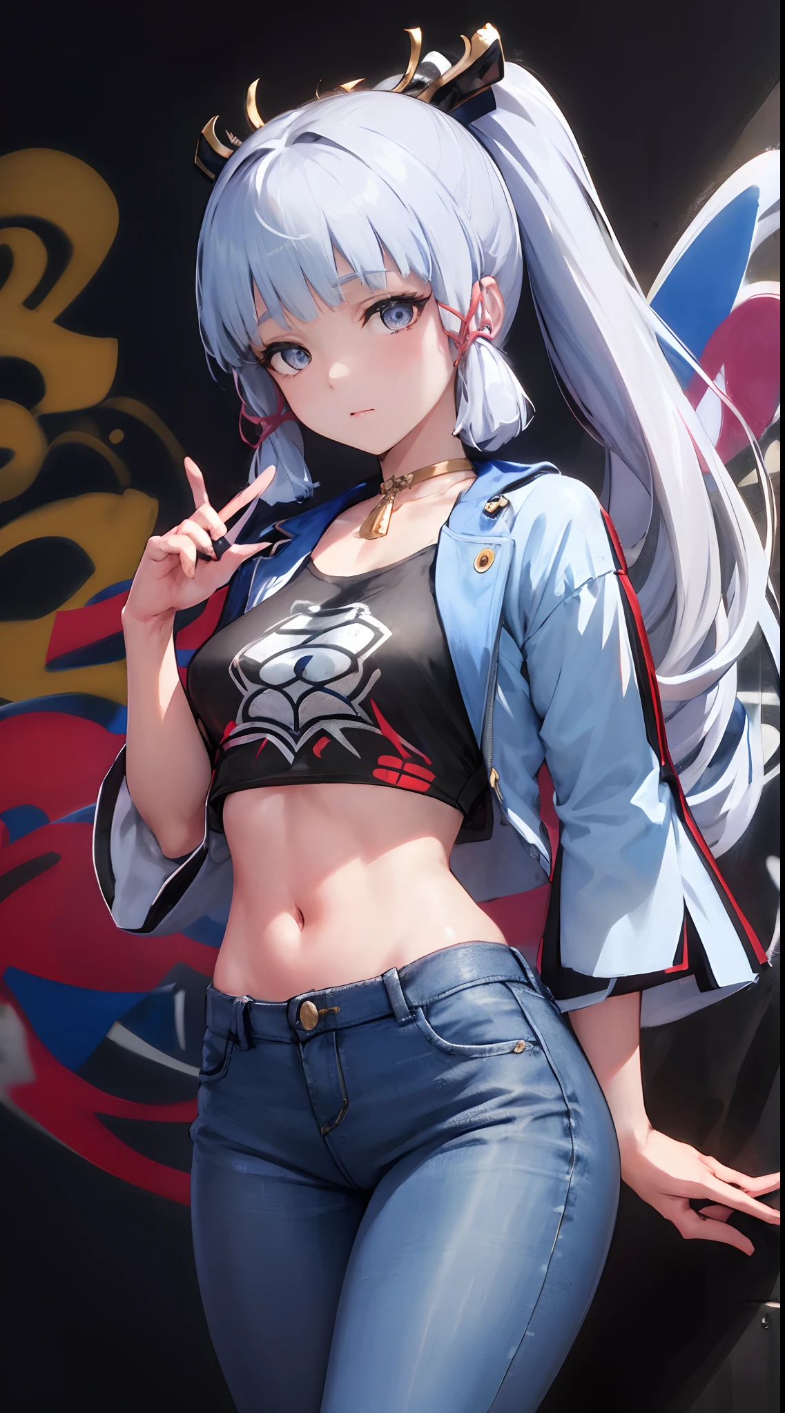 kamisato ayaka|genshin impact, master-piece, bestquality, 1girls,25 years old, proportional body, elongated legs, Beautiful, proportional., crop top, Long Jeans, mediuml breasts, ,bara, crop top, choker, (Graffiti:1.5), Splash with purple lightning pattern., arm behind back, against wall, View viewers from the front., Thigh strap, Head tilt, bored,(NSTDA.:1.2), (10, beste-Qualit, master-piece: 1.4), Beautiful red hair, ultra-high resolution, (lifelike, photorealistic portrait: 1.48), 20 age, Cute Girl, (Looking Through Crop Tops.), Famous Japanese actors, beautiful clear eyes, Head tilt, cowboy shot, from the front, looking at the audience, expressionless, Beautiful lake, Zeiss 150mm F/ 2.8 Hasselblad,  Whole body, foot, Ultra-Wide Angle,
