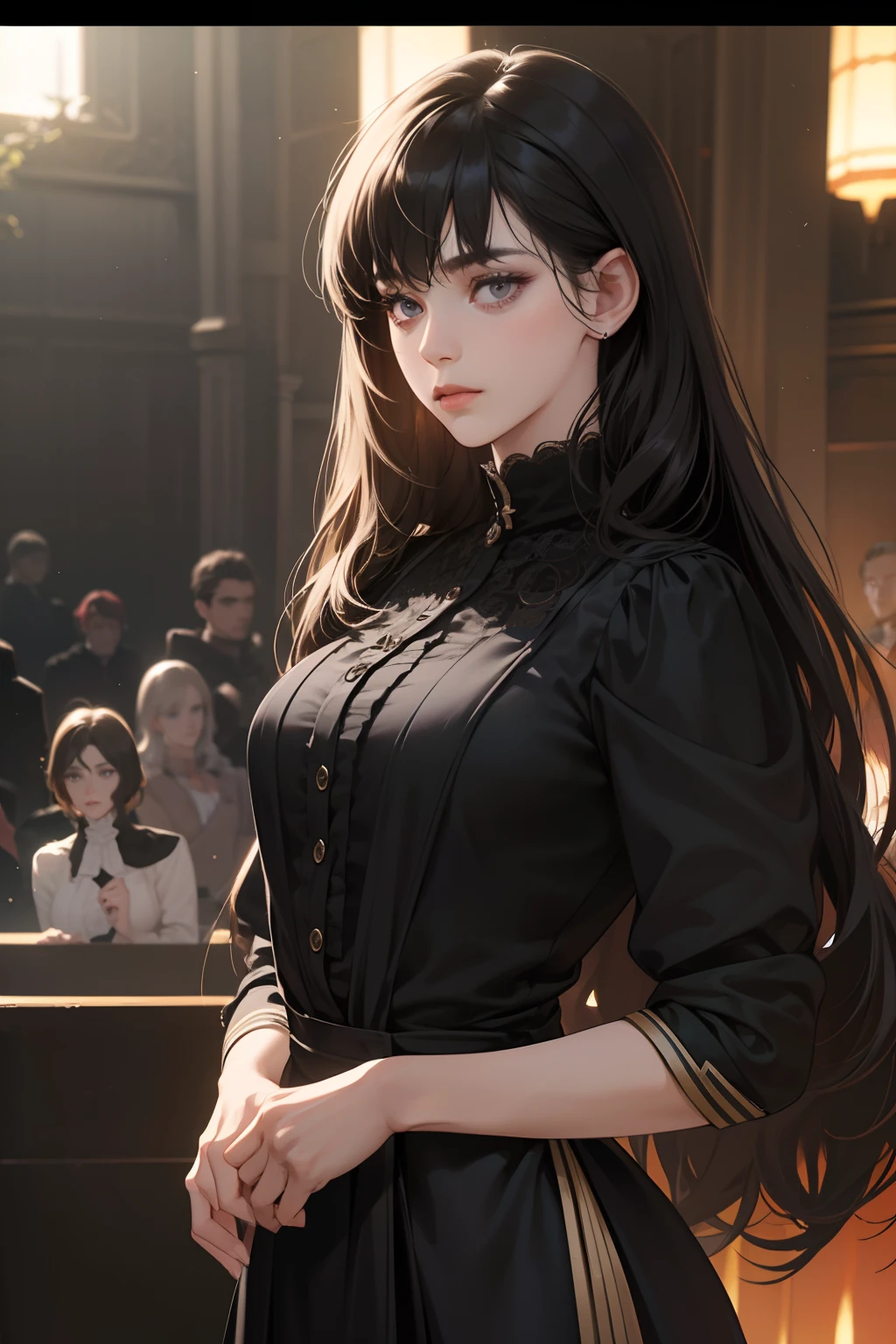 masterpiece, best quality, realistic, 1woman, mature female, beautiful, 25 years old, extremely detailed face, ((dark grey eyes)), ((long front bang dark black twist hair)), [thin eyebrows], citizen, ((Dressed in a cictorian dress)), cinematic lighting, looking at the audience, posture dynamics, Victorian era