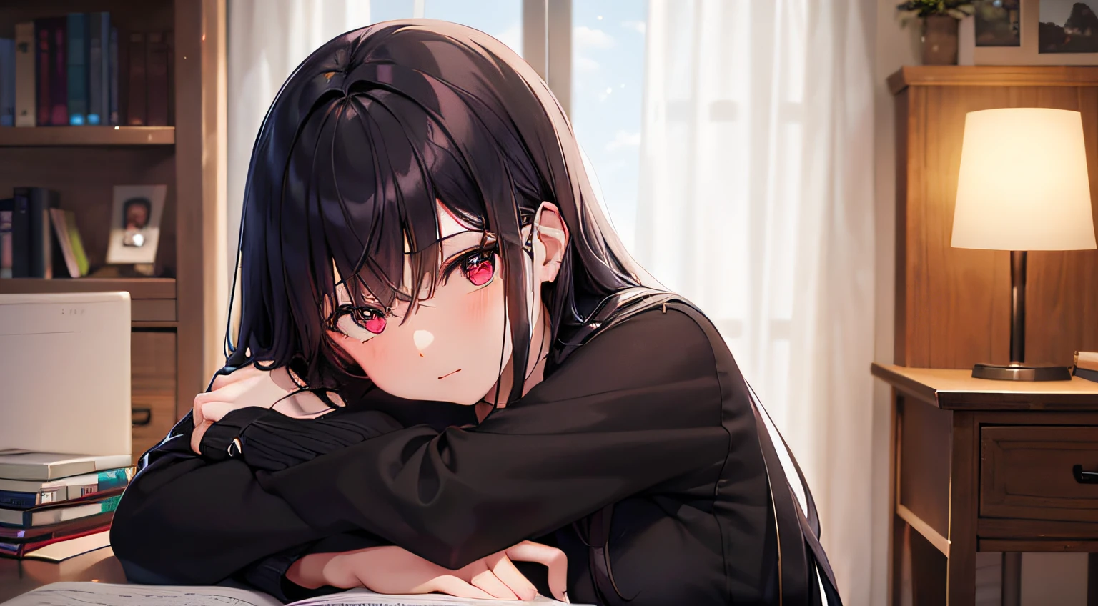 girl studying in her cozy, well-lit bedroom. The girl has long, flowing black-colored hair and is dressed in a casual shirt with black shorts and red ruby like eyes. She sits at a clutter-free desk, covered with textbooks and study materials, and her appearance reflects a diligent, studious demeanor while she listens to music