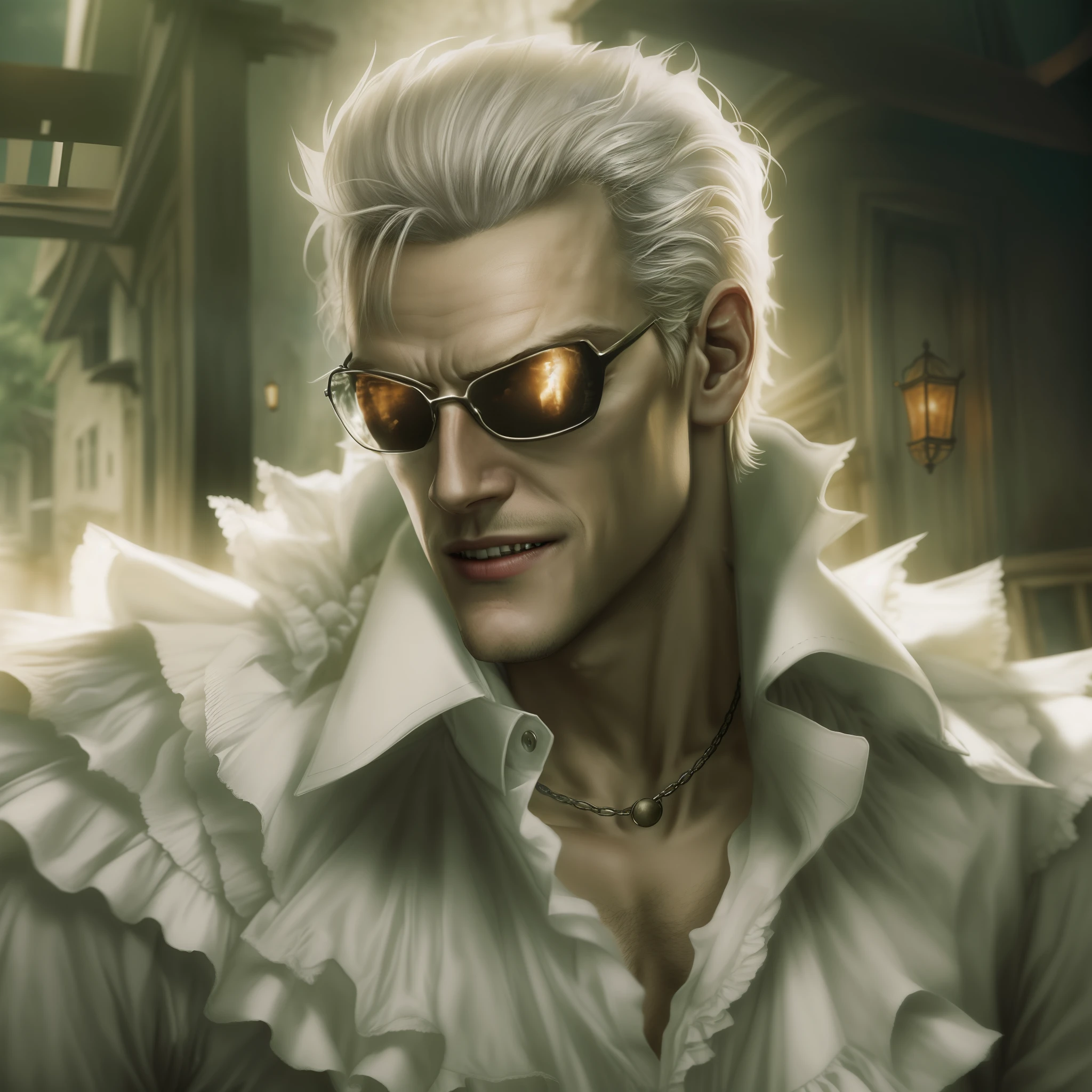 Albert Wesker, in a village, wearing a frilly white ruffled shirt, white hair, vampire teeth, high quality, portrait, close up,