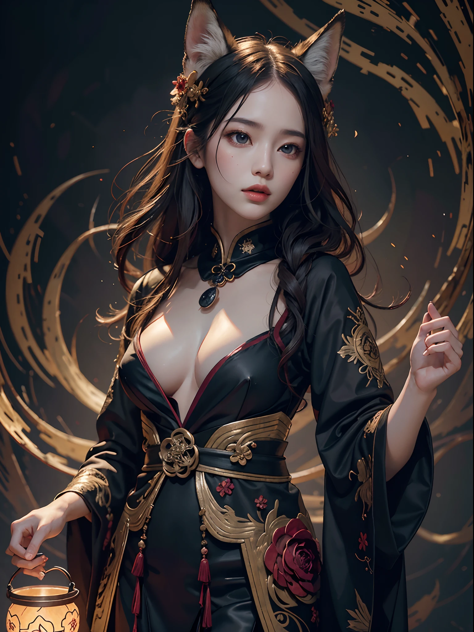 1girls, bara, official art, Unity 8k壁纸, ultra-detail, beautiful and beautiful, masterpiece, bestquality, photorealistic portrait, (abstract background:1.5) (Zentangle, Mandala, tangle, Entangle:0.7) Kitsune Witch, fox mask, Haori Jacket, Foxfire Spells, Familiar fox, transformation, Depth of Field, Amazing atmosphere....., most beautiful form of chaos, Elegant, Dark theme designed by Brutalist, Flower of the Dead, ecstasy of flower