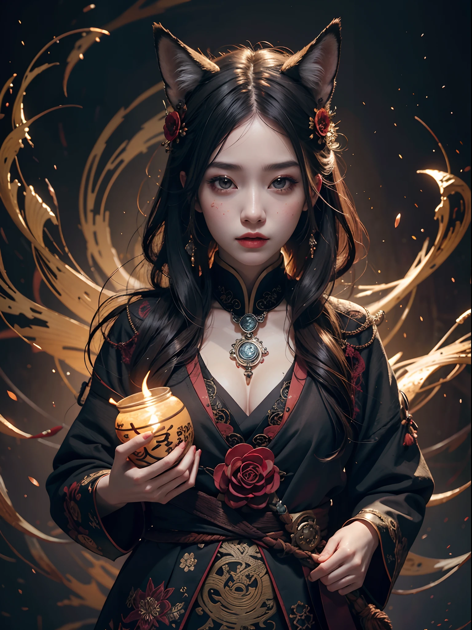 1girls, bara, official art, Unity 8k壁纸, ultra-detail, beautiful and beautiful, masterpiece, bestquality, photorealistic portrait, (abstract background:1.5) (Zentangle, Mandala, tangle, Entangle:0.7) Kitsune Witch, fox mask, Haori Jacket, Foxfire Spells, Familiar fox, transformation, Depth of Field, Amazing atmosphere....., most beautiful form of chaos, Elegant, Dark theme designed by Brutalist, Flower of the Dead, ecstasy of flower