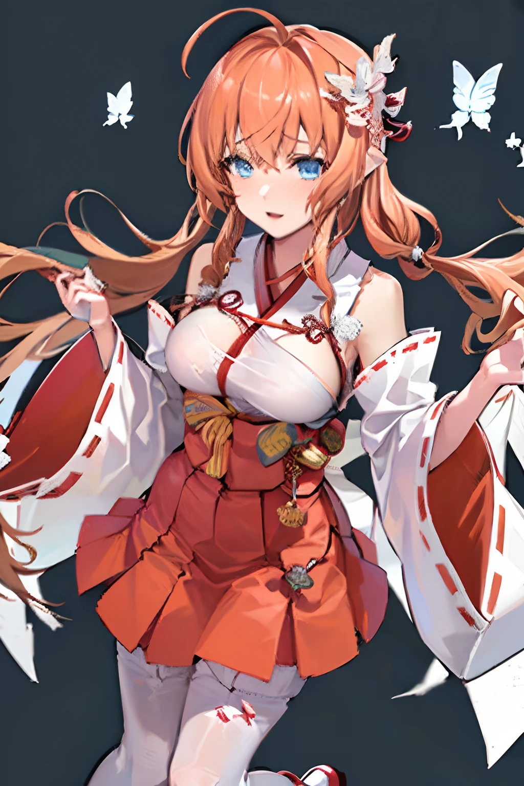 masutepiece, Best Quality, 1girl in,(Solo:1.3),Standing,Looking at Viewer, (close up),
Mai Aihara,1girl in,Long hair,Orange hair,Blue eyes,(Huge breasts:1.3),shrine maiden,Kimono,Detached sleeves, (Red Hakama Skirt),White pantyhose,Ahoge,White butterfly hair ornament, Hair intake,
Simple background,