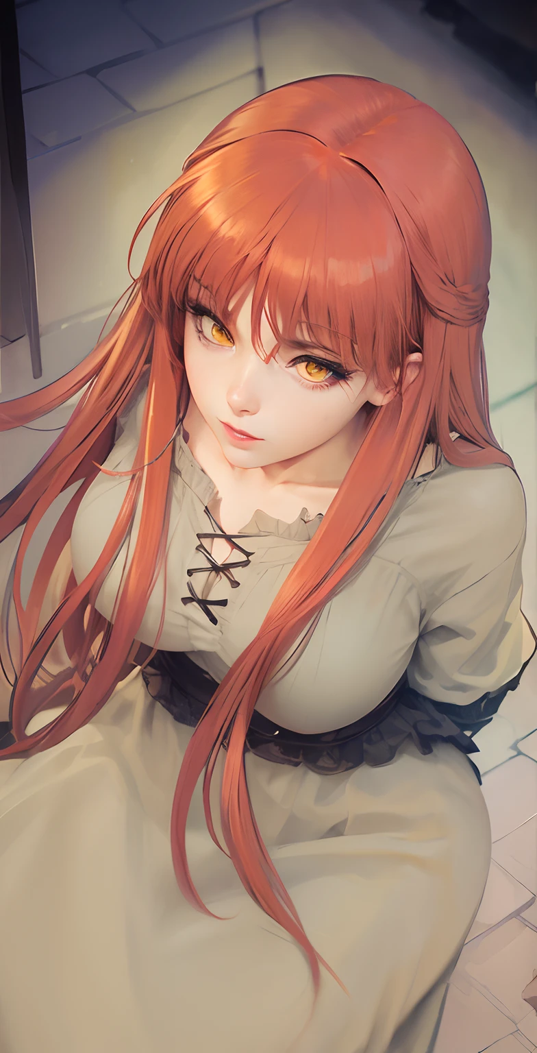 (best quality, masterpiece, highest detailed) realistic dark orange hair, detailed yellow eyes color, detailed pupils, colorful, bushy hair, beautiful eyes, bushy poni hair, wear slave clothes, long skirt, dirty clothes, hands tied behind her back, stomach and hands bound by black chains, sweating on face, pale skin, white skin, wear plain cloth, without wearing underwear, pointy, big smile, thin lips, pink lips, beautiful, seductive face, serious face, beautiful face, sharp face, realistic, remove background, castle prison, dark room