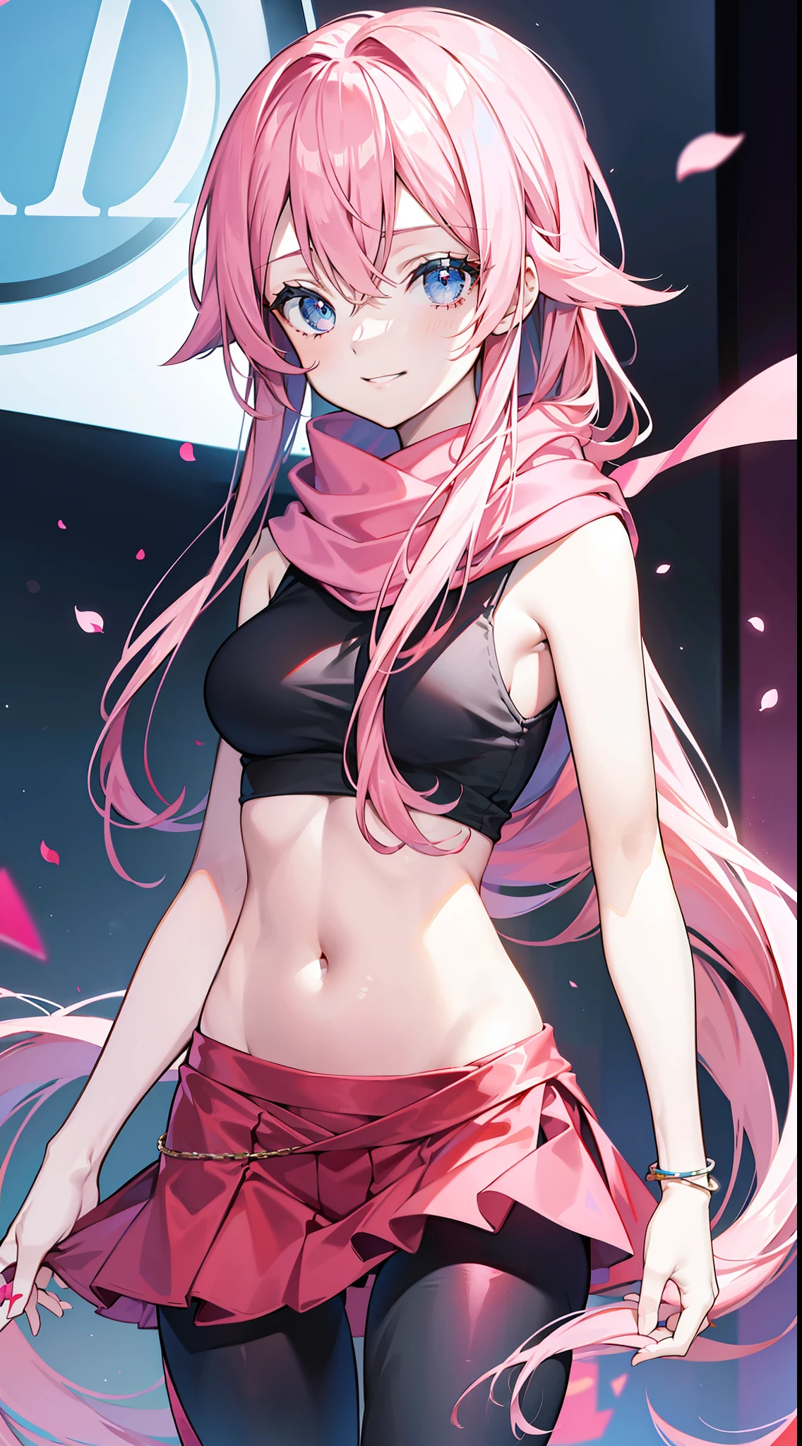 young girl, long pink hair, Layered hairstyle, blue eyes, smirk, Black tight top, red tight pants, open belly, Sleeveless, a scarf, Masterpiece, hiquality, 4k, HD, Good detail