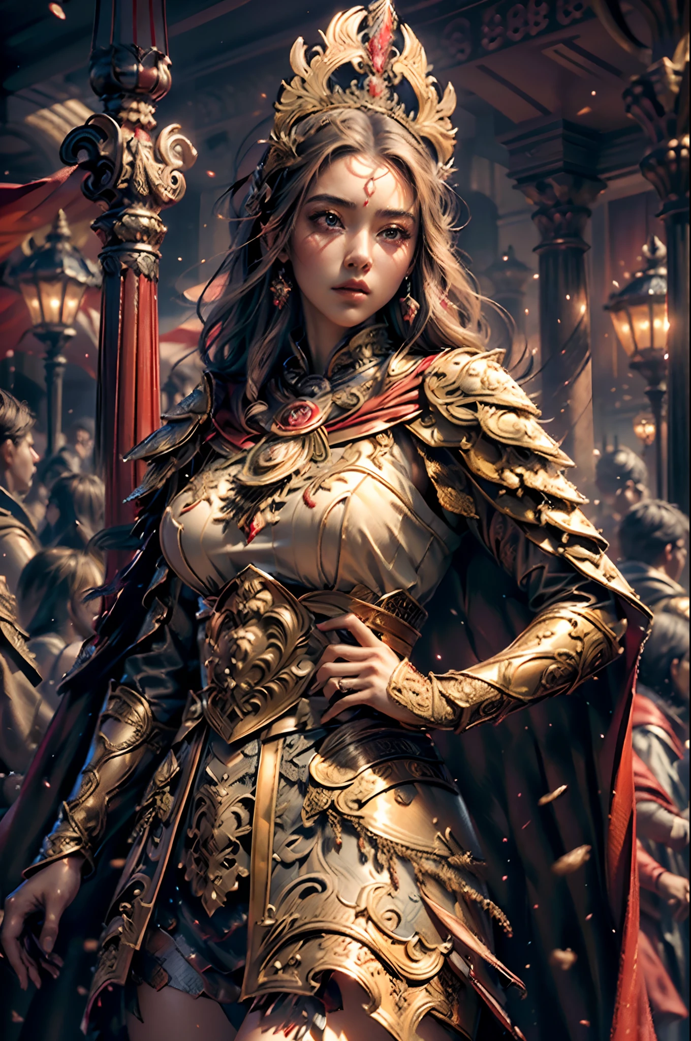 ((masterpiece))), (((best quality))), ((ultra-detailed)), (hyperrealistic), (highly detailed CG illustration), cinematic light, photorealistic ,extremely beautiful young lady, light makeup, big breast, intricate detailed eaba, red cape, spear