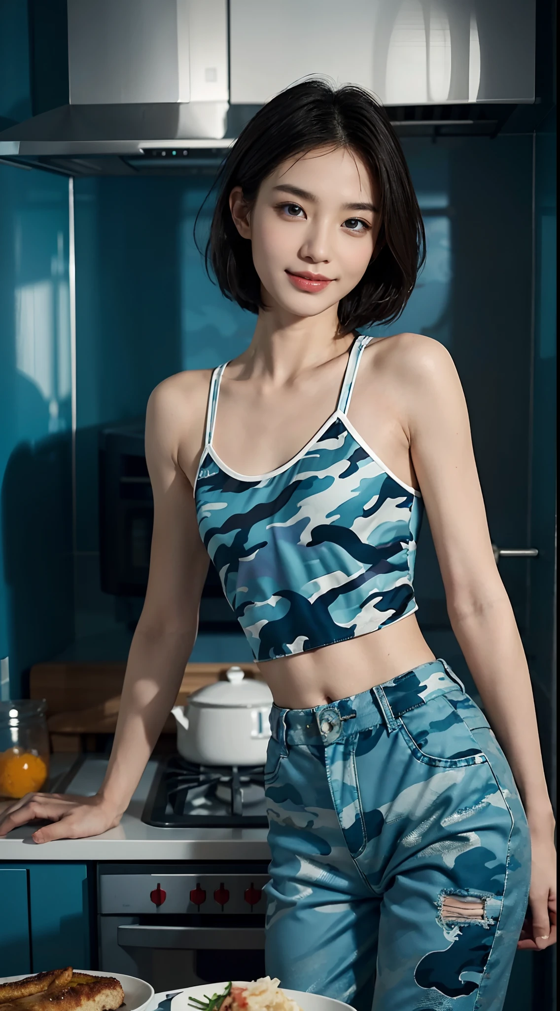 (Small lower chest,Tomboyish,small heads)), (Well-defined abs: 1.1), (perfect bodies: 1.1), (short-length straight short hair: 1.2), attractive collarbone，（极其细致的CG 8k壁纸），（Extremely refined and beautiful），（tmasterpiece），（best qualtiy：1.0），（超高分辨率：1.0），upper body，[A high resolution]，cheerfulness，Smile，Smooth and flawless fair skin，ultra - detailed ，Elongated legs，（Small breasts:1.1),Flat chest,Slim，emaciated，(Blue camouflage jacket:1.4)，(White strap top tank:1.4),(Blue camouflage pants:1.4),In a kitchen，Teal background，Next to the stovetop，Cooking，from front，Close shot，nightfall，warm light,Several dishes on table，standing