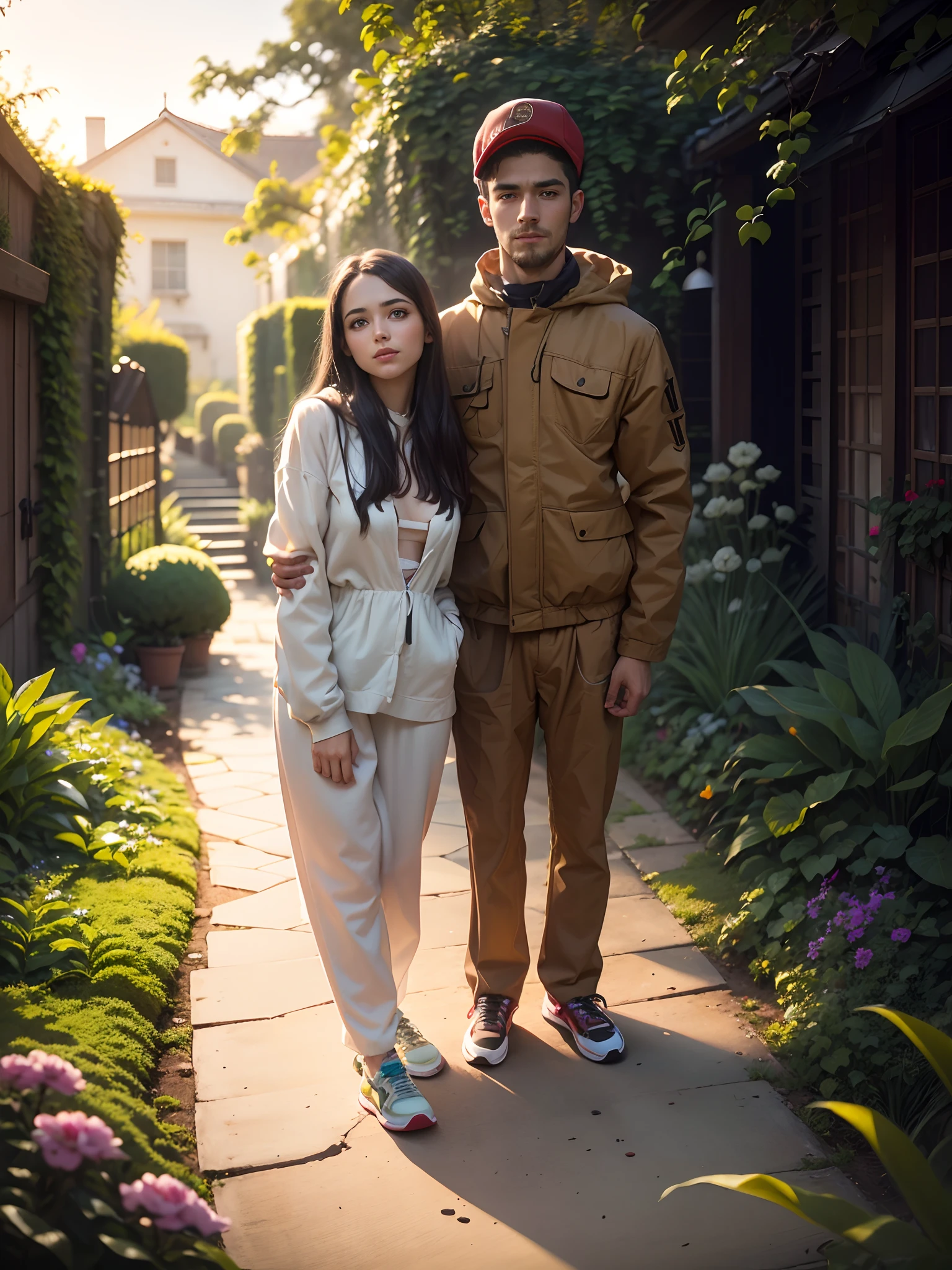 full-length portrait, A guy and a girl in sneakers stand in the garden, looking up at the camera, Гипер HD, Award-winning photography, higly detailed, tmasterpiece, superdetail, hiquality, beste-Qualit, 4k, 8K, 16k