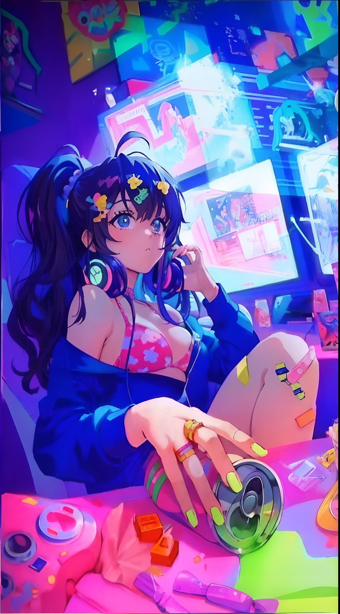 Anime girl in pink bikini sitting on a bed with a cell phone, 8 0 s anime vibe, 8 0 s estilo de arte anime, vibraciones de anime, Anime Arte cyberpunk, 9 0 s anime aesthetic, 9 0 s estilo de arte anime, 8 0 s estilo anime, anime aesthetic, Arte digital cyberpunk anime, Digital Cyberpunk - Arte Anime