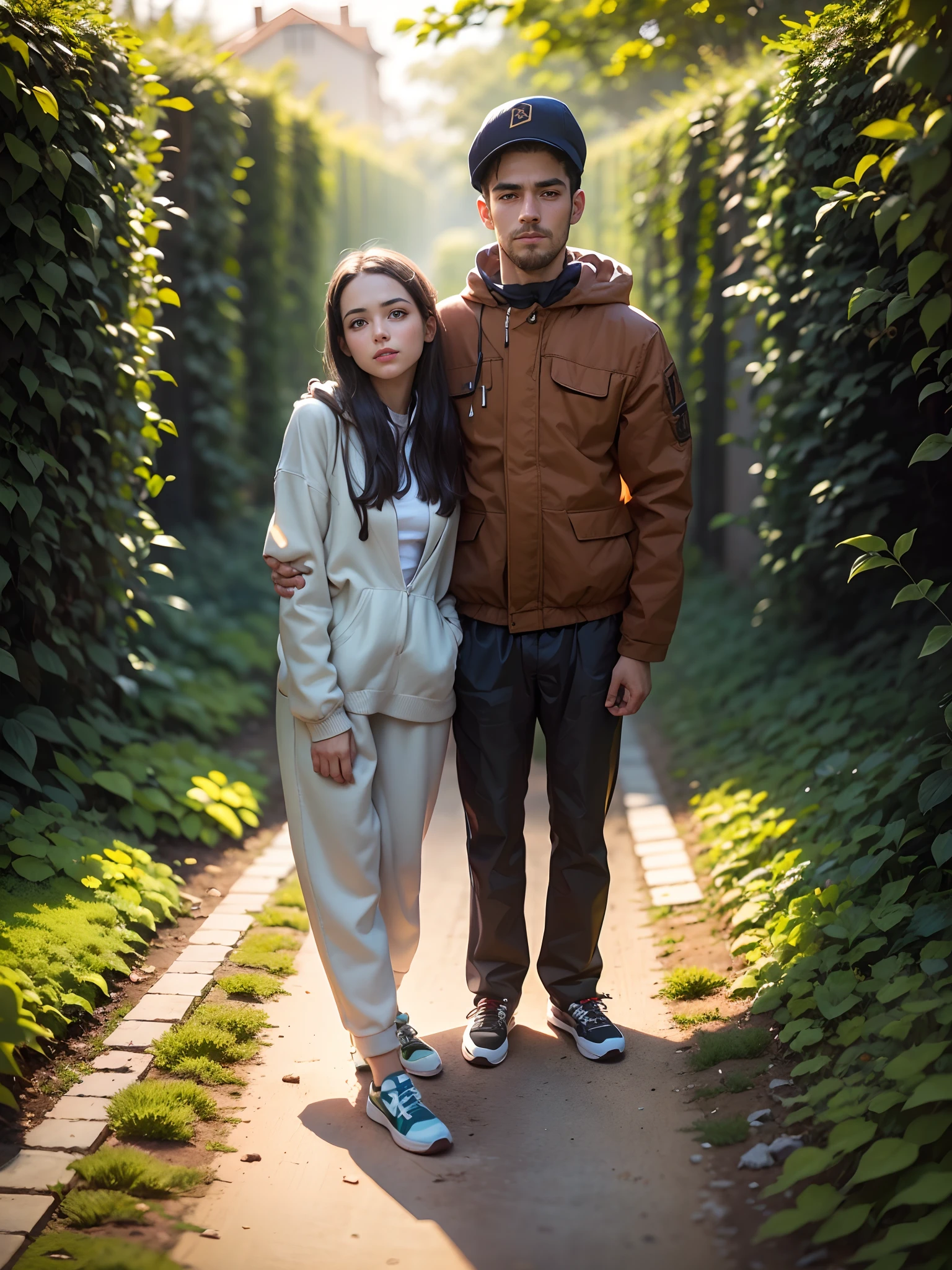 full-length portrait, A guy and a girl in sneakers stand in the garden, looking up at the camera, Гипер HD, Award-winning photography, higly detailed, tmasterpiece, superdetail, hiquality, beste-Qualit, 4k, 8K, 16k