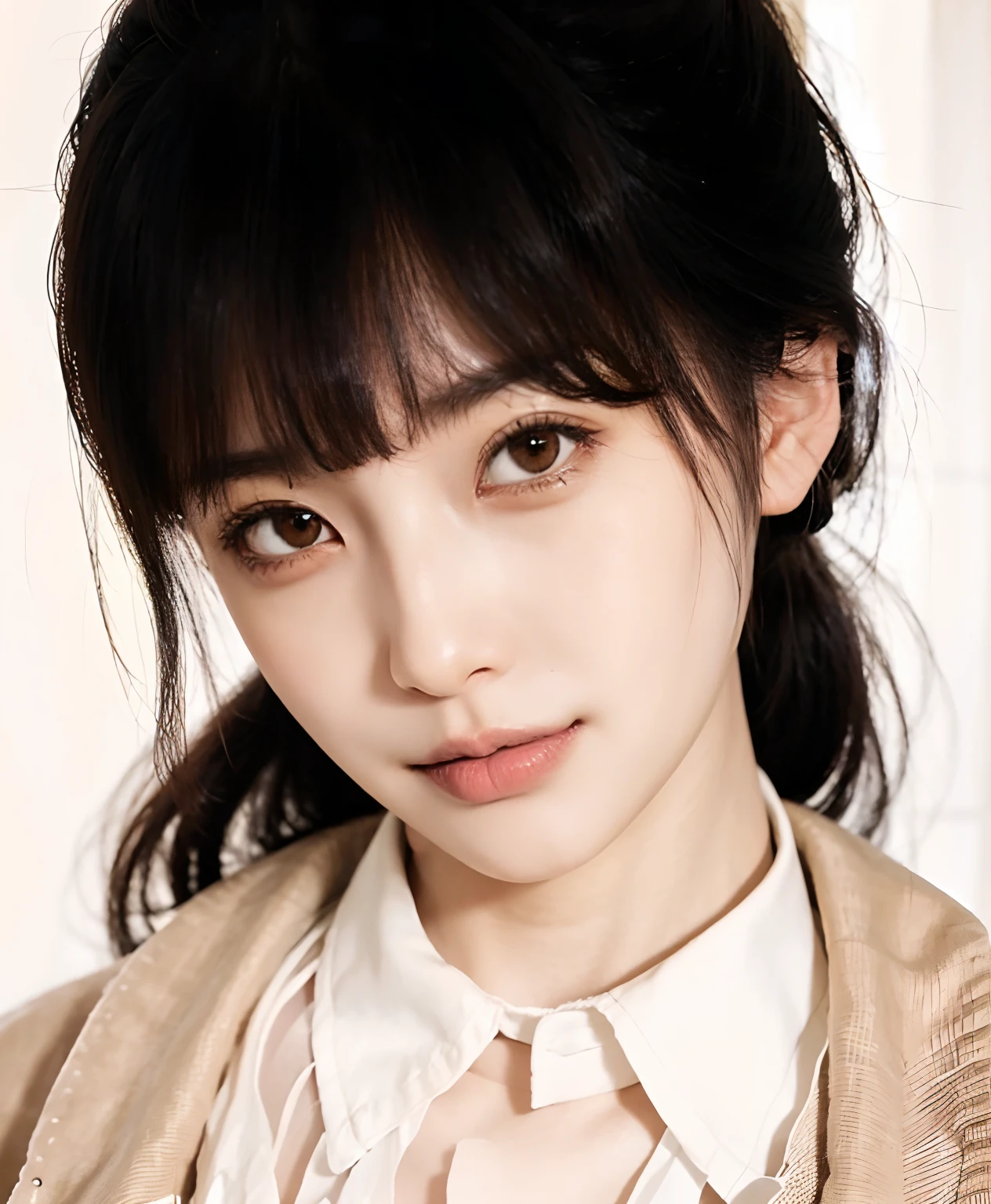 black and straight hair, bangs, double lowered ponytail, brown eyes, fair skin, white shirt with high collar, light brown colored shirt jacket, smirk, confidence
