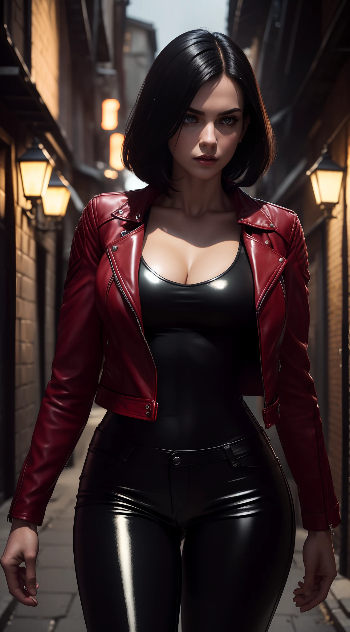 Photorealistic Image of Gorgeous 25 Years Old British Female Vampire Mercenary with Athletic Body, (Shoulder-level Bob Black Hair), (One Person), (Red Leather Jacket and Black Tight Pants:1.4), (Pale Skin:1.4), (Detailed Shiny Appearance:1.4), (Serious Face), Deep Cleavage, (Dynamic Pose:1.4), (Dark Castle at Night:1.4), Centered, (Full Body Shot), (From Front Shot), Insane Details, Intricate Face Detail, Intricate Hand Details, Cinematic Shot and Lighting, Realistic Colors, Masterpiece, Sharp Focus, Ultra Detailed, Taken with DSLR camera, Realistic Photography, Depth of Field, Incredibly Realistic Environment and Scene, Master Composition and Cinematography