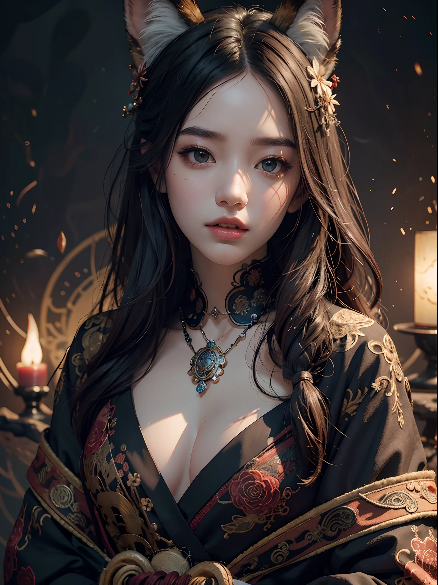 1girls, bara, official art, Unity 8k壁纸, ultra-detail, beautiful and beautiful, masterpiece, bestquality, photorealistic portrait, (abstract background:1.5) (Zentangle, Mandala, tangle, Entangle:0.7) Kitsune Witch, fox mask, Haori Jacket, Foxfire Spells, Familiar fox, transformation, Depth of Field, Amazing atmosphere....., most beautiful form of chaos, Elegant, Dark theme designed by Brutalist, Flower of the Dead, ecstasy of flower