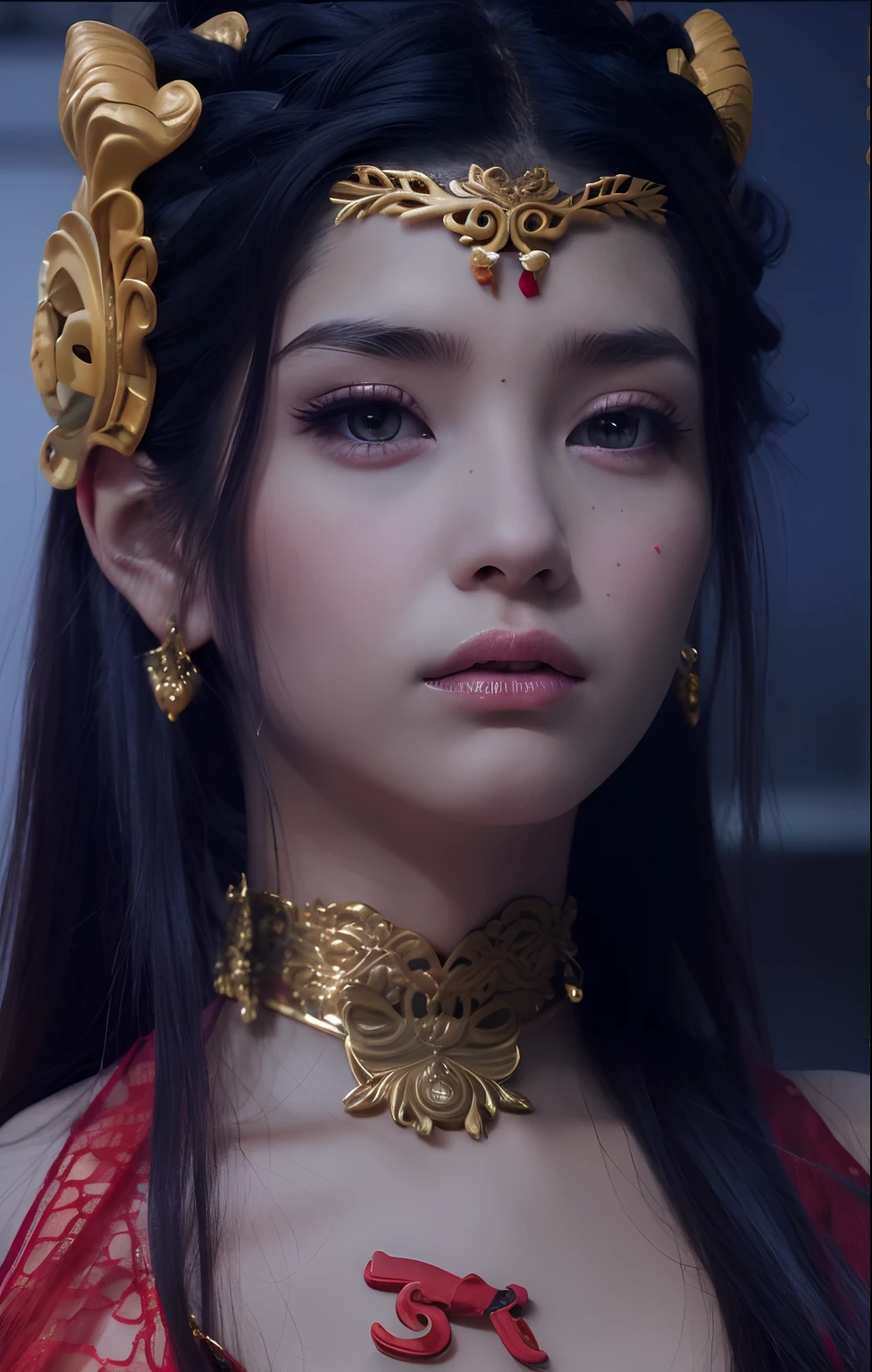 1girl, medusa btth, red clothes, long hair, black hair, realistic, ultra detail, 70mm lens,