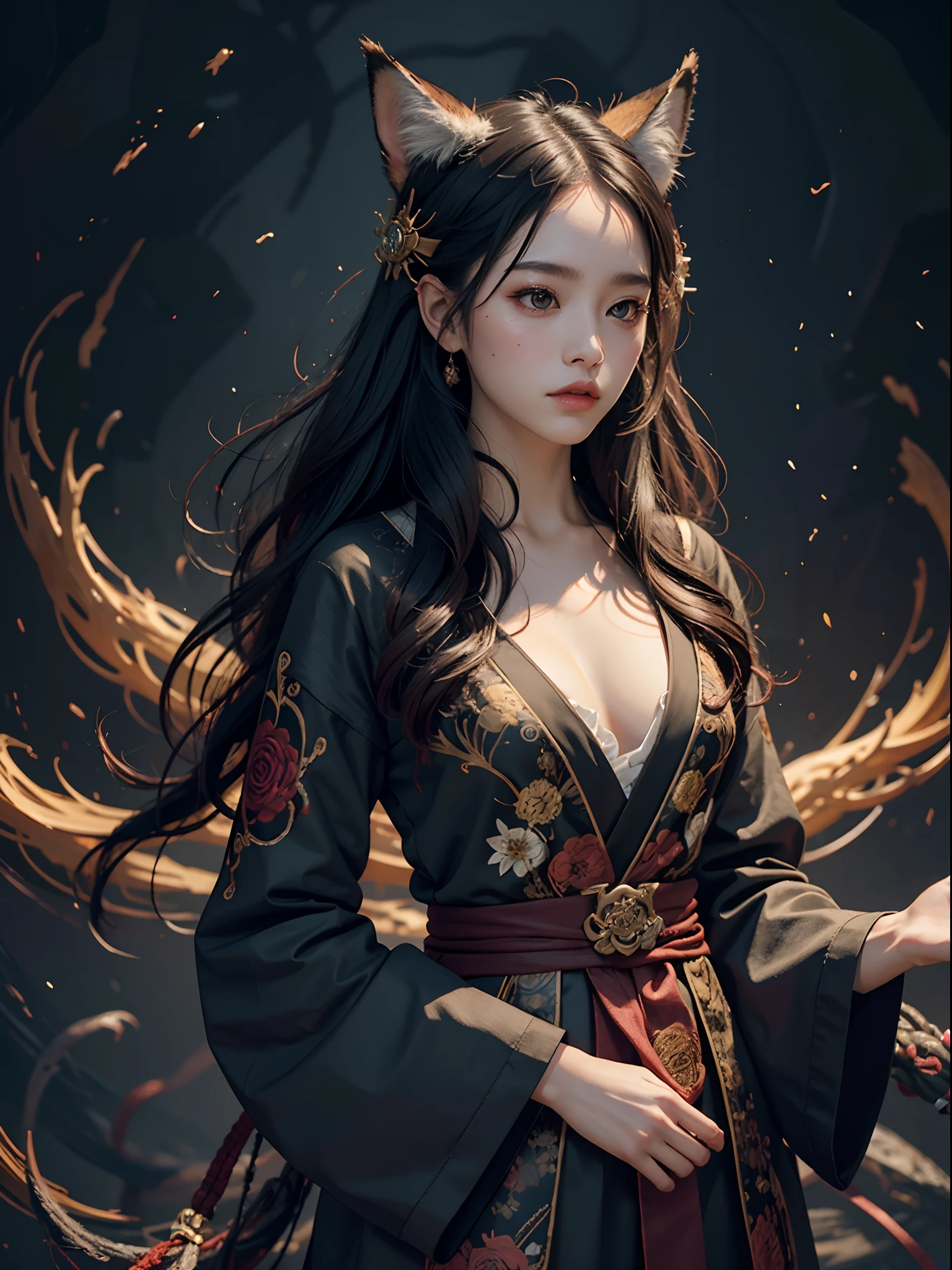 1girls, bara, official art, Unity 8k壁纸, ultra-detail, beautiful and beautiful, masterpiece, bestquality, photorealistic portrait, (abstract background:1.5) (Zentangle, Mandala, tangle, Entangle:0.7) Kitsune Witch, fox mask, Haori Jacket, Foxfire Spells, Familiar fox, transformation, Depth of Field, Amazing atmosphere....., most beautiful form of chaos, Elegant, Dark theme designed by Brutalist, Flower of the Dead, ecstasy of flower
