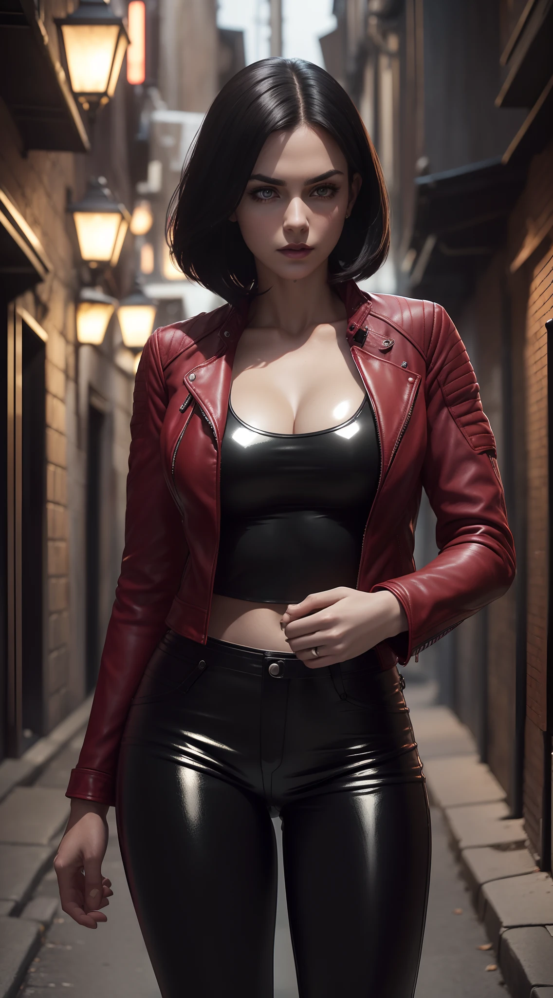 Photorealistic Image of Gorgeous 25 Years Old British Female Vampire with Athletic Body, (Shoulder-level Bob Black Hair), (One Person), (Red Leather Jacket and Black Tight Pants:1.4), (Pale Skin:1.4), (Detailed Shiny Appearance:1.4), (Serious Face), Deep Cleavage, (Dynamic Pose:1.4), (Dimly Lit City Alley at Night:1.4), Centered, (Full Body Shot), (From Front Shot), Insane Details, Intricate Face Detail, Intricate Hand Details, Cinematic Shot and Lighting, Realistic Colors, Masterpiece, Sharp Focus, Ultra Detailed, Taken with DSLR camera, Realistic Photography, Depth of Field, Incredibly Realistic Environment and Scene, Master Composition and Cinematography