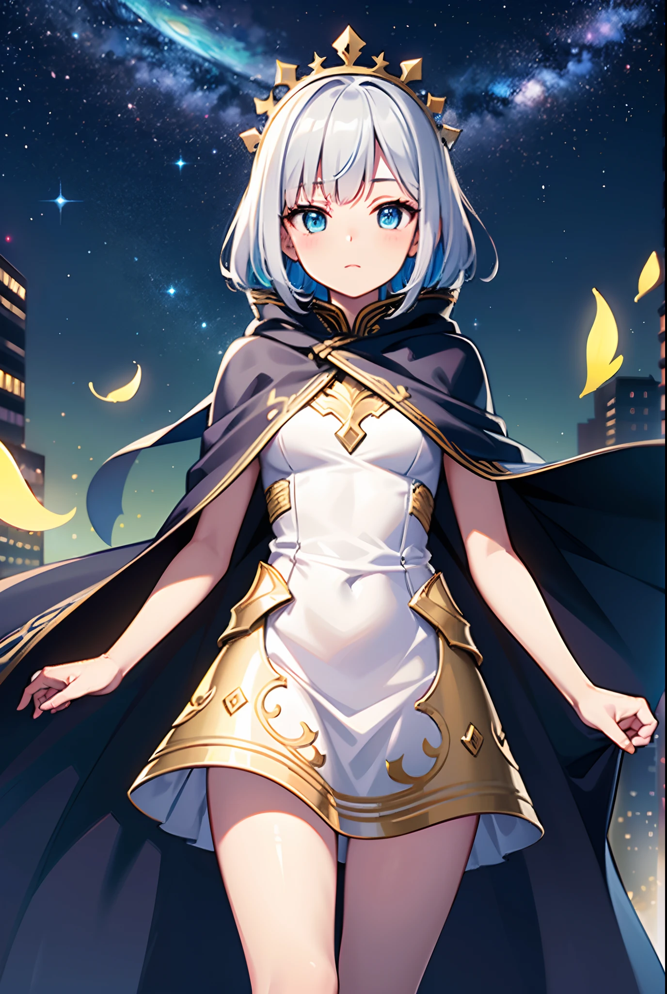 ((best quality)), ((masterpiece)), ((ultra-detailed)), (illustration), (detailed light), (an extremely delicate and beautiful), ((a cute girl:1.2)), ((cowboy shot)), standding, starry sky adorns beautiful detailed dress, cloak, golden {leaf-shape} headdress around two sides of head, (beautiful eyes), floating silver hair, colored inner hair, (galaxy), colorful, planets, negative space, background detailed