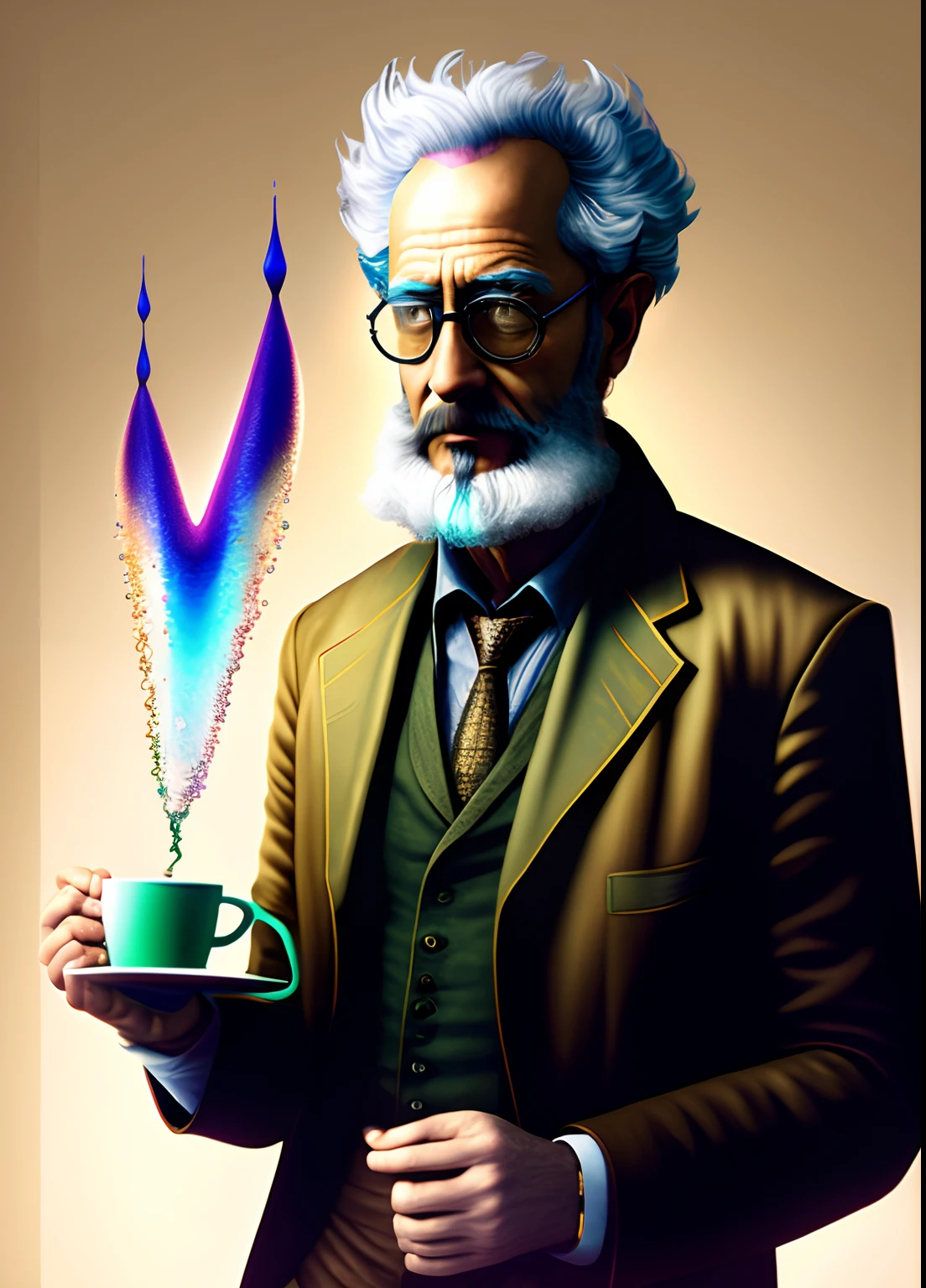 Sketch of a man with a cup of coffee in left hand,  right hand a splatter of iridescent liquid projection out of test tube  , mad scientist, pencil sketch senior artist, mad scientist working, skinny male fantasy scientist, elite scientist, aetherpunk digital art, jewish old skinny scientist, digital art render, pencil sketch render, inspired by durer and Greg rutkowski , scientist, portrait of mad scientist