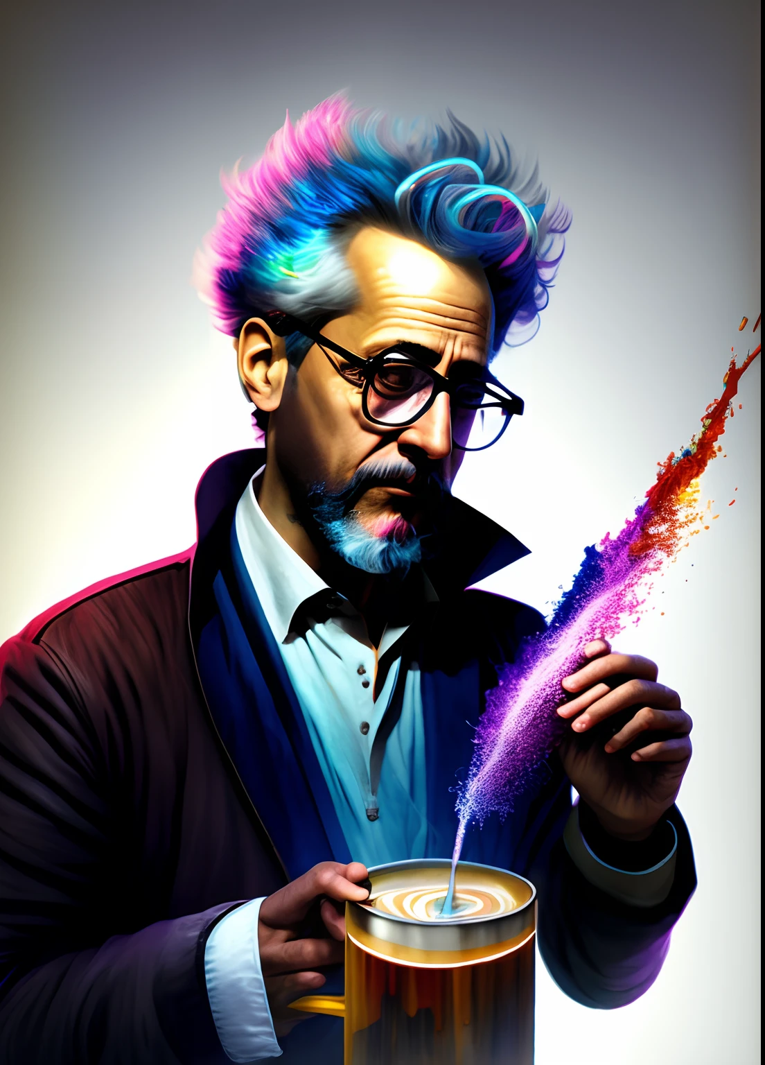 Sketch of a man with a cup of coffee in left hand, right hand a splatter of iridescent liquid projection out of test tube , mad scientist, pencil sketch senior artist, mad scientist working, skinny male fantasy scientist, elite scientist, aetherpunk digital art, jewish old skinny scientist, digital art render, pencil sketch render, inspired by durer and Greg rutkowski , scientist, portrait of mad scientist