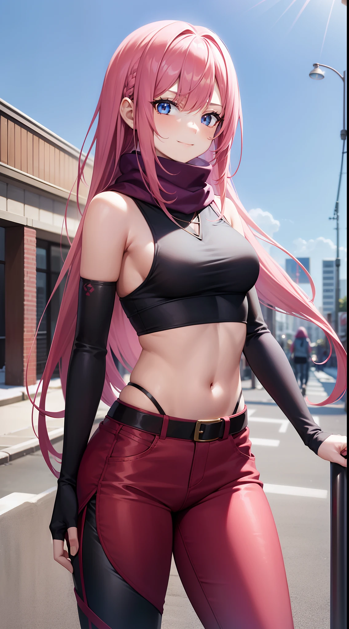 young girl, long pink hair, Iroquois hairstyle, blue eyes, smirk, Black tight top, red tight pants, open belly, Sleeveless, a scarf, Masterpiece, hiquality, 4k, HD, Good detail