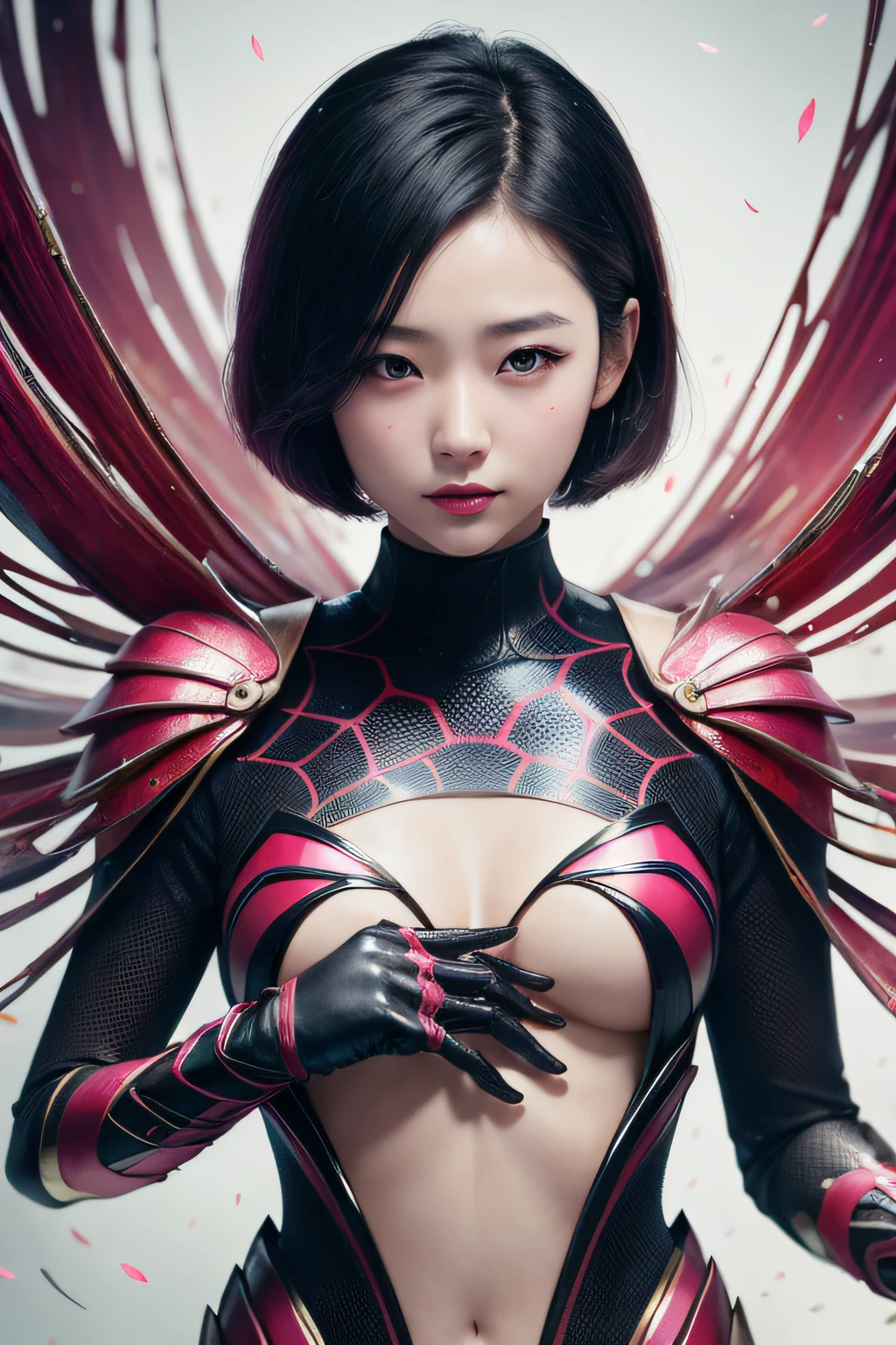 beautiful japanese young woman, wearing spiderwoman armor made of oil, thick symmetrical features, very short hair, background is cherry blossoms, pink aura, red lips, octane render,