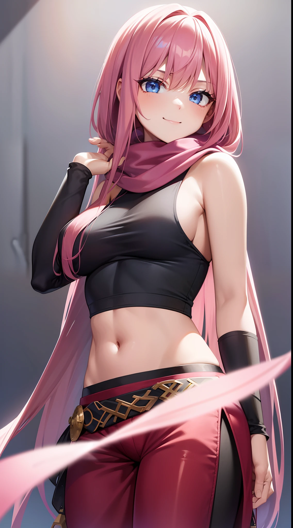 young girl, long pink hair, Iroquois hairstyle, blue eyes, smirk, Black tight top, red tight pants, open belly, Sleeveless, a scarf, Masterpiece, hiquality, 4k, HD, Good detail