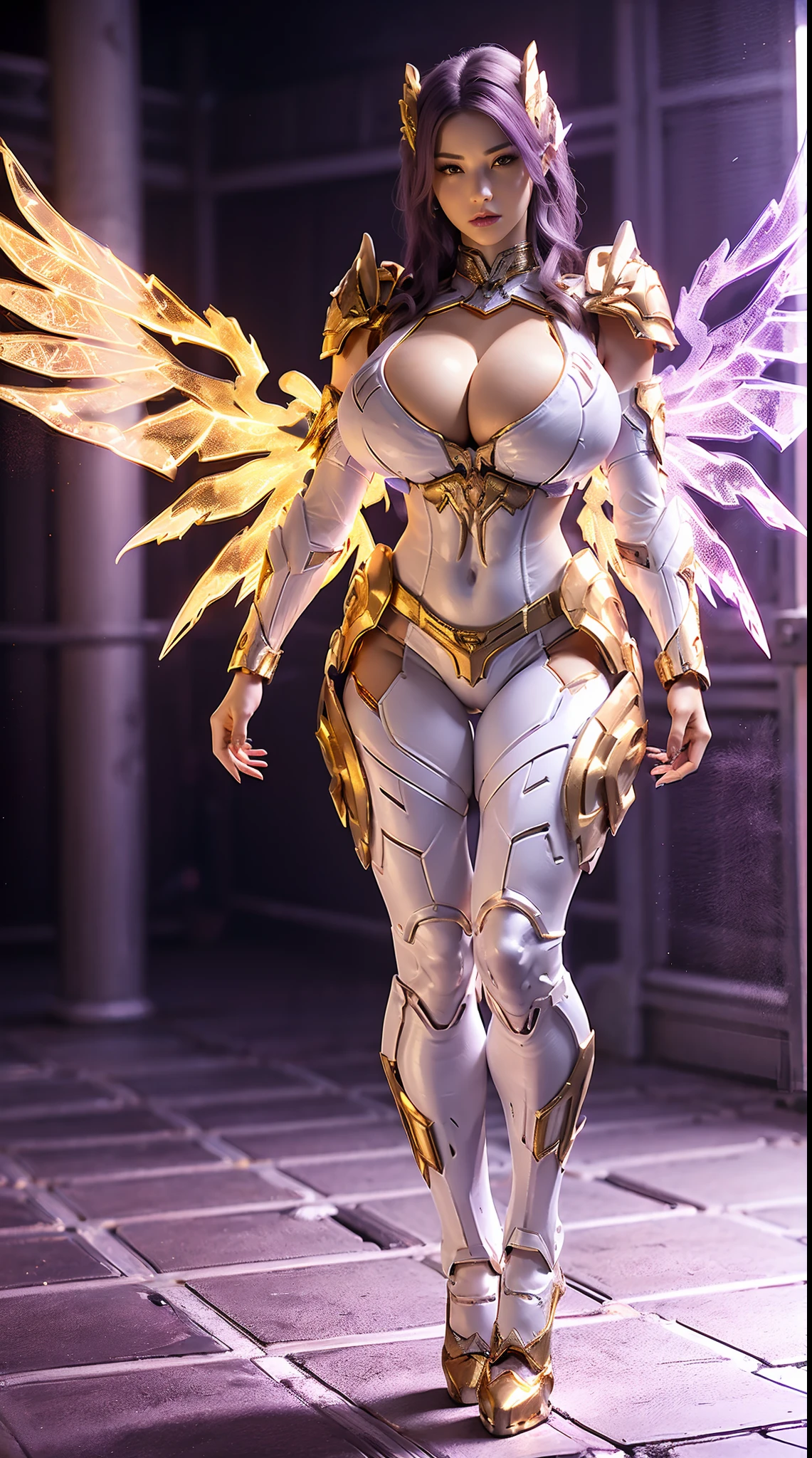 A WOMAN, BEAUTIFULL FACE, HUGE BOOBS, RGB, WHITE, GOLD, PURPLE, MECHA ARMOR FULL GEAR, (SUIT), (CLEAVAGE), (A PAIR LARGEST WINGS), (FULL BODY:1), TRANSPARANT, TALL LEGS, STANDING, SEXY BODY, MUSCLE ABS.