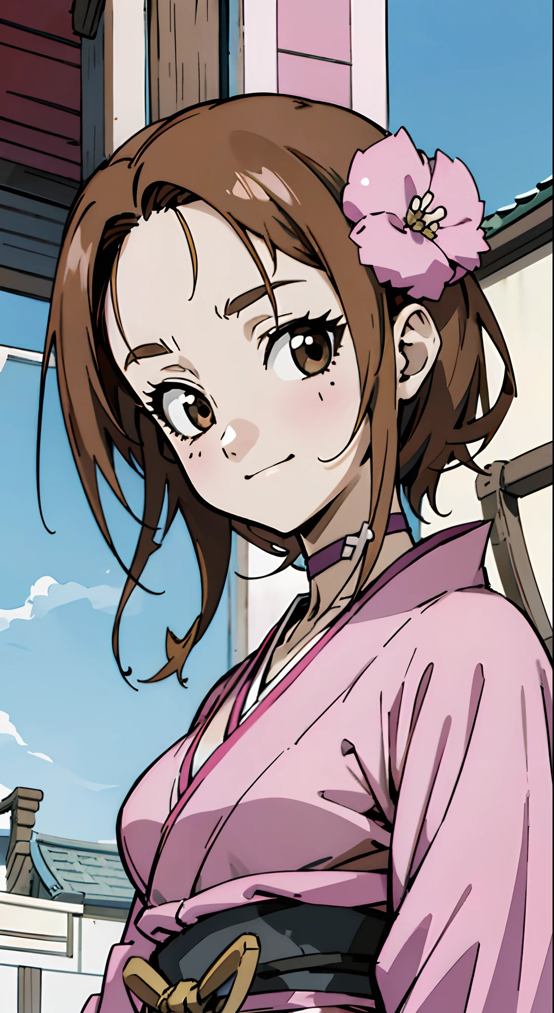 Masterpiece, Best quality, Ultra-detailed, Off-the-shoulder attire, Colorful,take up close, Hyper-detailing,brown hair, mouten, kingdom, no sleeves, white camisole, samurai, kimono, pink kimono, japanese clothes, chest exposure, underwear, the kinky is exposed, choker, arm covers, sexy breasts, scar, big breasts, 1girl, Solo, sharpy face, brown eyes, Bare neck, happiness face, cool face