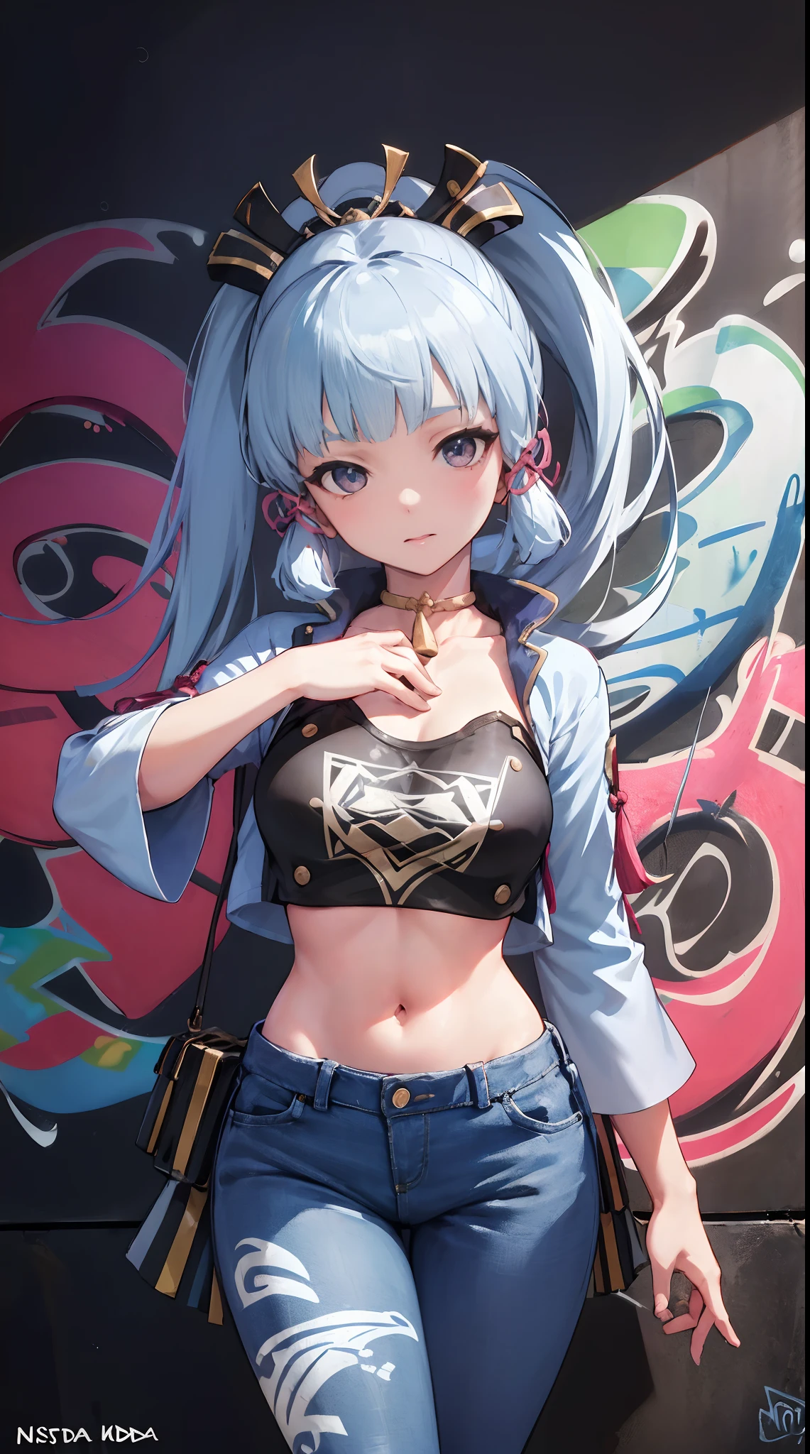 kamisato ayaka|genshin impact, master-piece, bestquality, 1girls,25 years old, proportional body, elongated legs, Beautiful, proportional., crop top, Long Jeans, mediuml breasts, ,bara, crop top, choker, (Graffiti:1.5), Splash with purple lightning pattern., arm behind back, against wall, View viewers from the front., Thigh strap, Head tilt, bored,(NSTDA.:1.2), (10, beste-Qualit, master-piece: 1.4), Beautiful red hair, ultra-high resolution, (lifelike, photorealistic portrait: 1.48), 20 age, Cute Girl, (Looking Through Crop Tops.), Famous Japanese actors, beautiful clear eyes, Head tilt, cowboy shot, from the front, looking at the audience, expressionless, Beautiful lake, Zeiss 150mm F/ 2.8 Hasselblad, Whole body, foot, Ultra-Wide Angle,