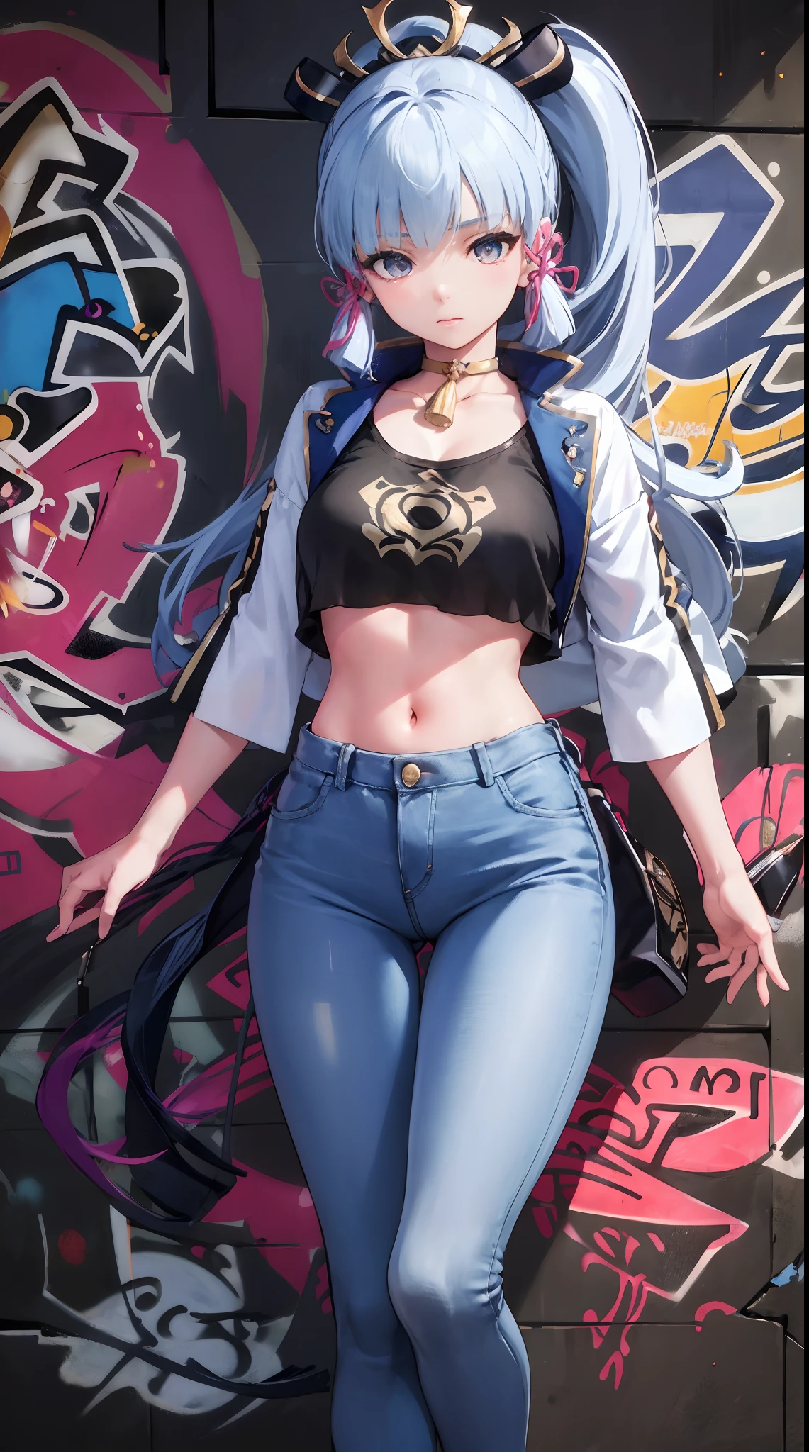 kamisato ayaka|genshin impact, master-piece, bestquality, 1girls,25 years old, proportional body, elongated legs, Beautiful, proportional., crop top, Long Jeans, mediuml breasts, ,bara, crop top, choker, (Graffiti:1.5), Splash with purple lightning pattern., arm behind back, against wall, View viewers from the front., Thigh strap, Head tilt, bored,(NSTDA.:1.2), (10, beste-Qualit, master-piece: 1.4), Beautiful red hair, ultra-high resolution, (lifelike, photorealistic portrait: 1.48), 20 age, Cute Girl, (Looking Through Crop Tops.), Famous Japanese actors, beautiful clear eyes, Head tilt, cowboy shot, from the front, looking at the audience, expressionless, Beautiful lake, Zeiss 150mm F/ 2.8 Hasselblad,  Whole body, foot, Ultra-Wide Angle,