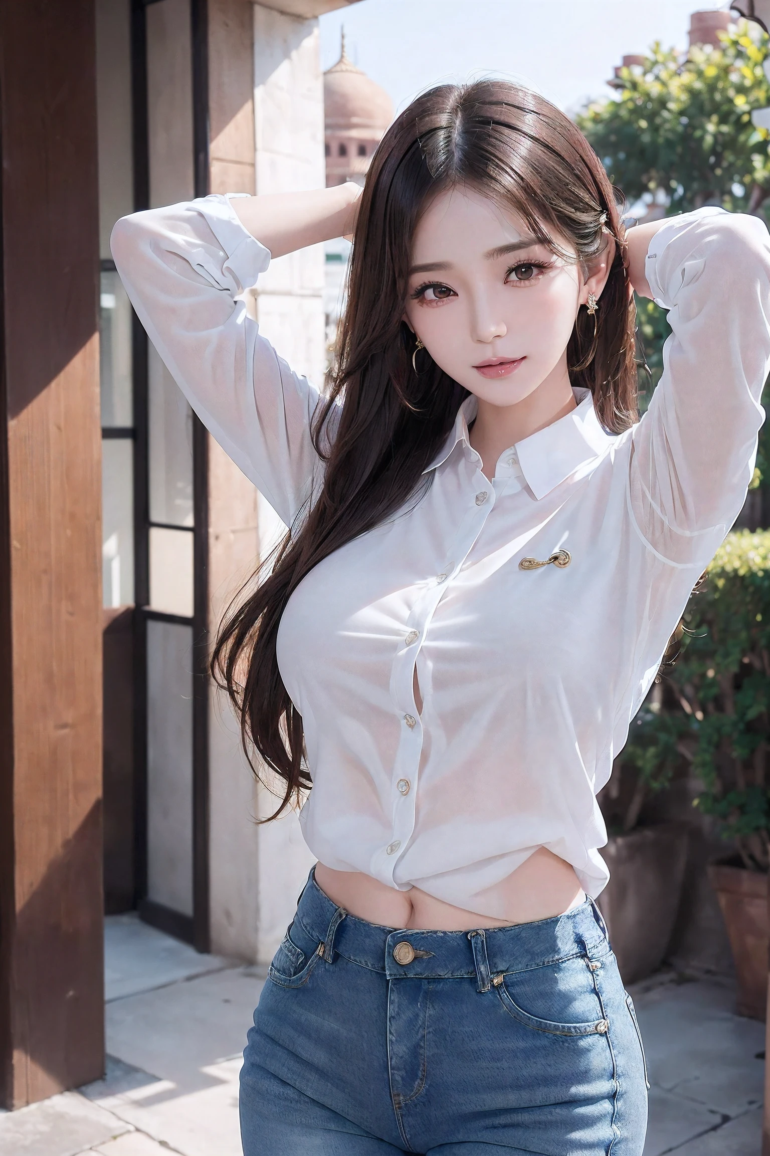 (((1girl:1.3, solo))), (((arms up on head:1.5))), (a extremely pretty and beautiful milf:1.3), (35 years old: 1.1), (at India night street:1.5), (professional sexy photo composition:1.5), view viewer, (Taj Mahal:1.5), (front view:1.3), (looking straight at the viewer:1.5),
break,
(mahogany wavy hair:1.2), (Hair between eyes:1.3), (medium-length hair:1.3), bangs, dark brown eyes, beautiful eyes, princess eyes, (slender:1.3), (small breasts:1.5))), ((sagging breasts:1.5)), (((disproportionate breasts;1.5)))), (Breasts squeezed together:1.0), (thin waist: 1.3), (detailed beautiful girl: 1.4) , Parted lips, (pink glossy lips:1.3), (pale skin:1.3), (beautiful clean skin:1.3), ((Perfect Female Body)) , Perfect Anatomy, Perfect Proportions, (most beautiful Japanese actress face:1.3) , (a extremely cute and beautiful K-POP idol face:1.3), (oval face:1.3), (attractive emotion:1.3), (seductive expression:1.3), (seductive evil smile:1.3), (closed mouth:1.3 ), (4fingers and thumb:1.5), (perfect ratio human hands:1.5),
BREAK,
(wearing a classy white collared shirt:1.3), (skinny denim pants:1.3), (black pin-heels:1.3), (jewely earing:1.3), detailed clothes,
BREAK,
(Realistic, Photorealistic: 1.37), (Masterpiece, Best Quality: 1.2), (Ultra High Resolution: 1.2), (RAW Photo: 1.2), (Face Focus: 1.2), (Ultra Detailed CG Unified 8k Wallpaper: 1.2), (Hyper Sharp Focus: 1.5), (Ultra Sharp Focus: 1.5), (Beautiful pretty face: 1.3) (professional photo lighting:1.3), , (super detailed background, detail background: 1.3),iu,chinatsumura,yeonyuromi,jwy1,colorful_girl_v2,blurry_light_background,thin legs