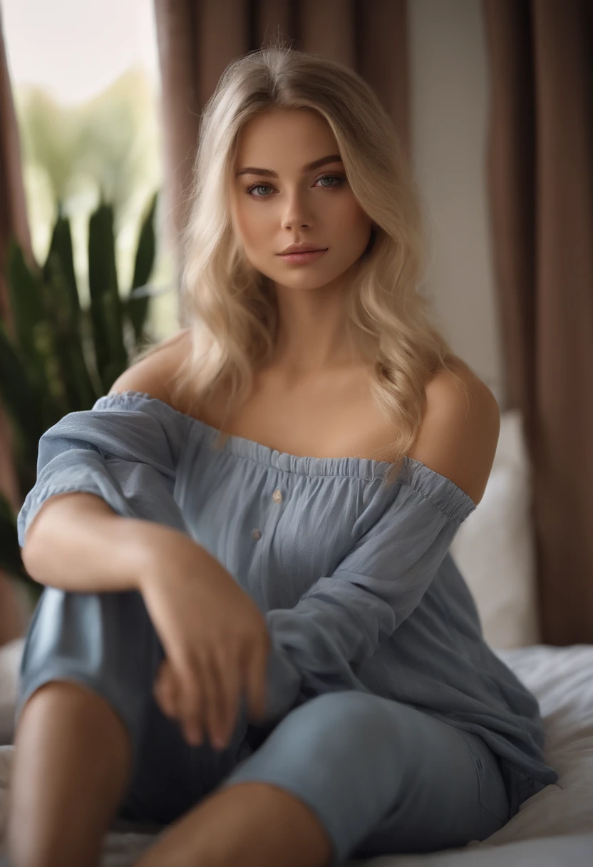 arafed woman fully , sexy girl with blue eyes, ultra realistic, meticulously detailed, portrait sophie mudd, blonde hair and large eyes, selfie of a young woman, bedroom eyes, violet myers, without makeup, natural makeup, looking directly at the camera, face with artgram, subtle makeup, stunning full body shot kneeling on bed, in bedroom, medium to large size bust