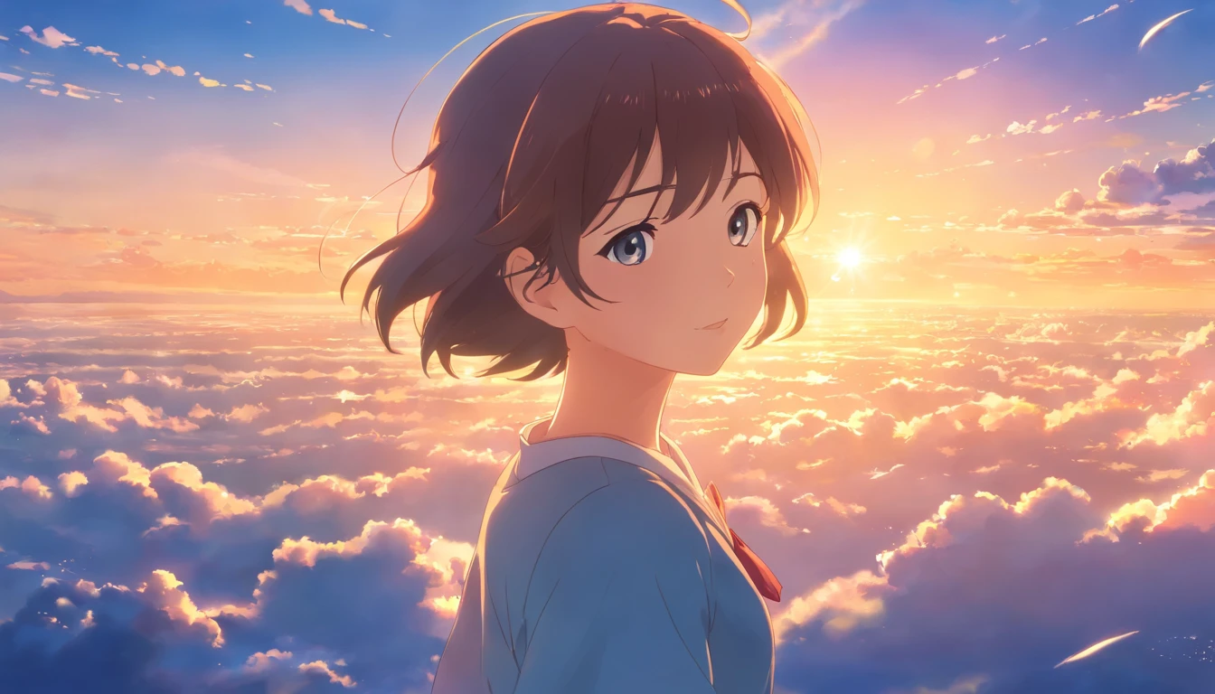 Best Quality, film still, 1girl in, Anime, Girl in the clouds, floating in sky, close-up, 发光, glad, Soft and warm lighting, Sunset, (sparks:0.7)
