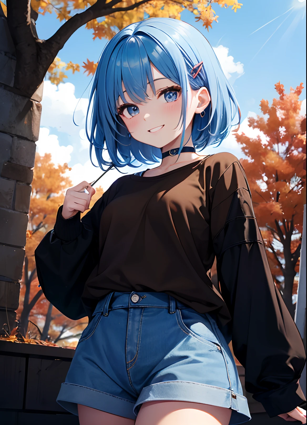 absurderes, ultra-detailliert,bright colour, extremely beautiful detailed anime face and eyes, 25 years old,(Blue sky in autumn:1.4)、In a row of ginkgo trees ,It is dotted with maples, Shiny hair, Delicate beautiful face, red blush、White skin, hair clips, (Brown shirt:1.4)、Happy smile、Slender body、(sun light)、a choker、