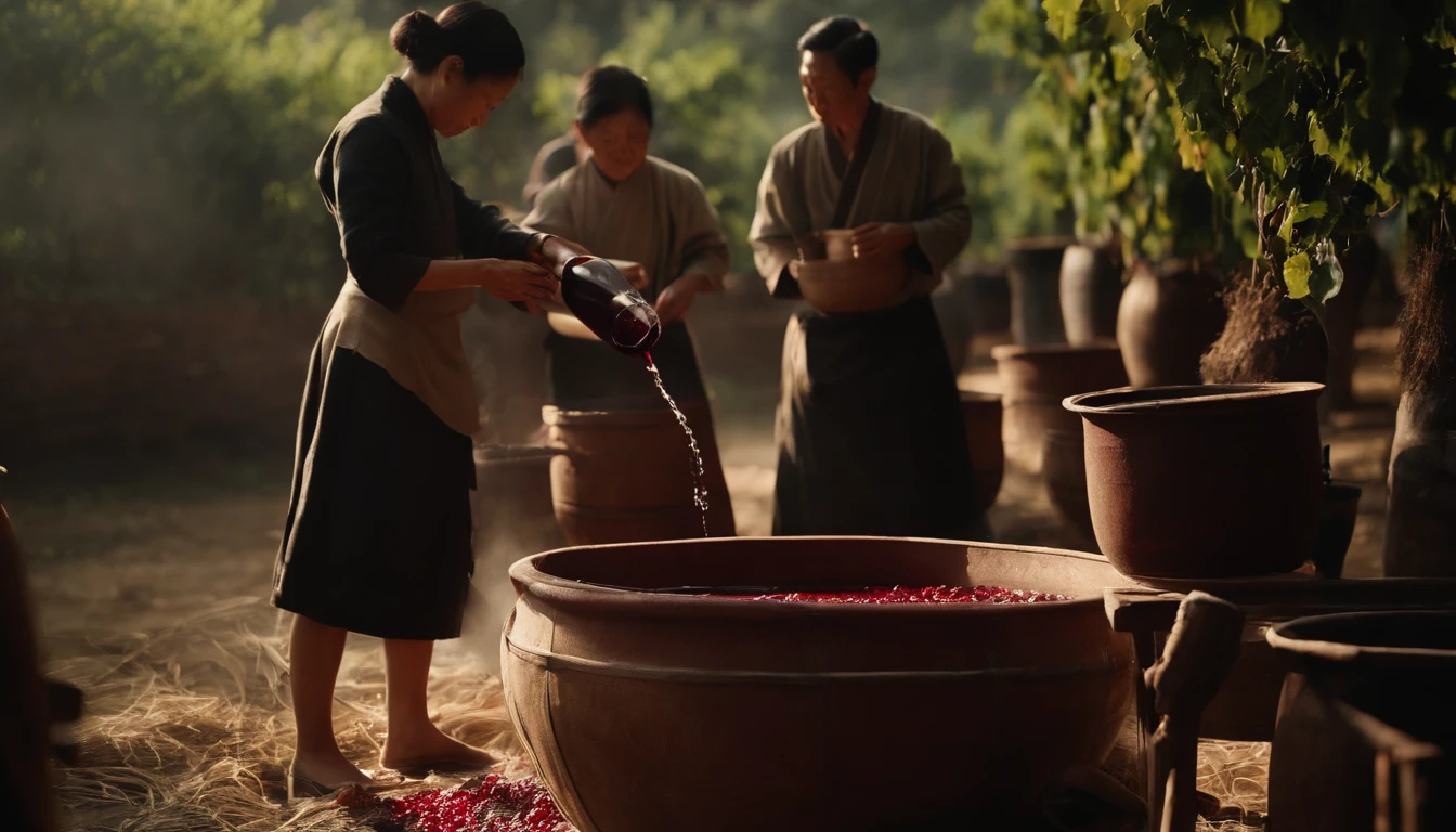 Traditional Chinese wine-making techniques,Irrigation altar。Several people make wine together,China smells strong